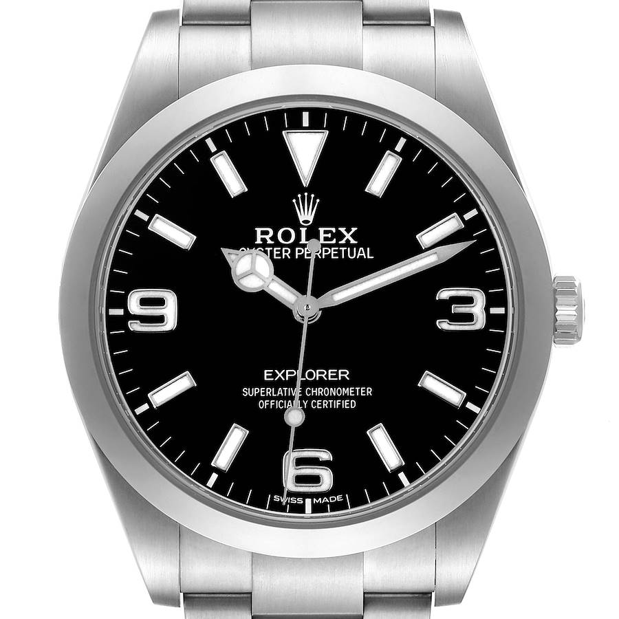 The image shows a front view of the Rolex Explorer watch, highlighting the face, bezel, and part of the bracelet.