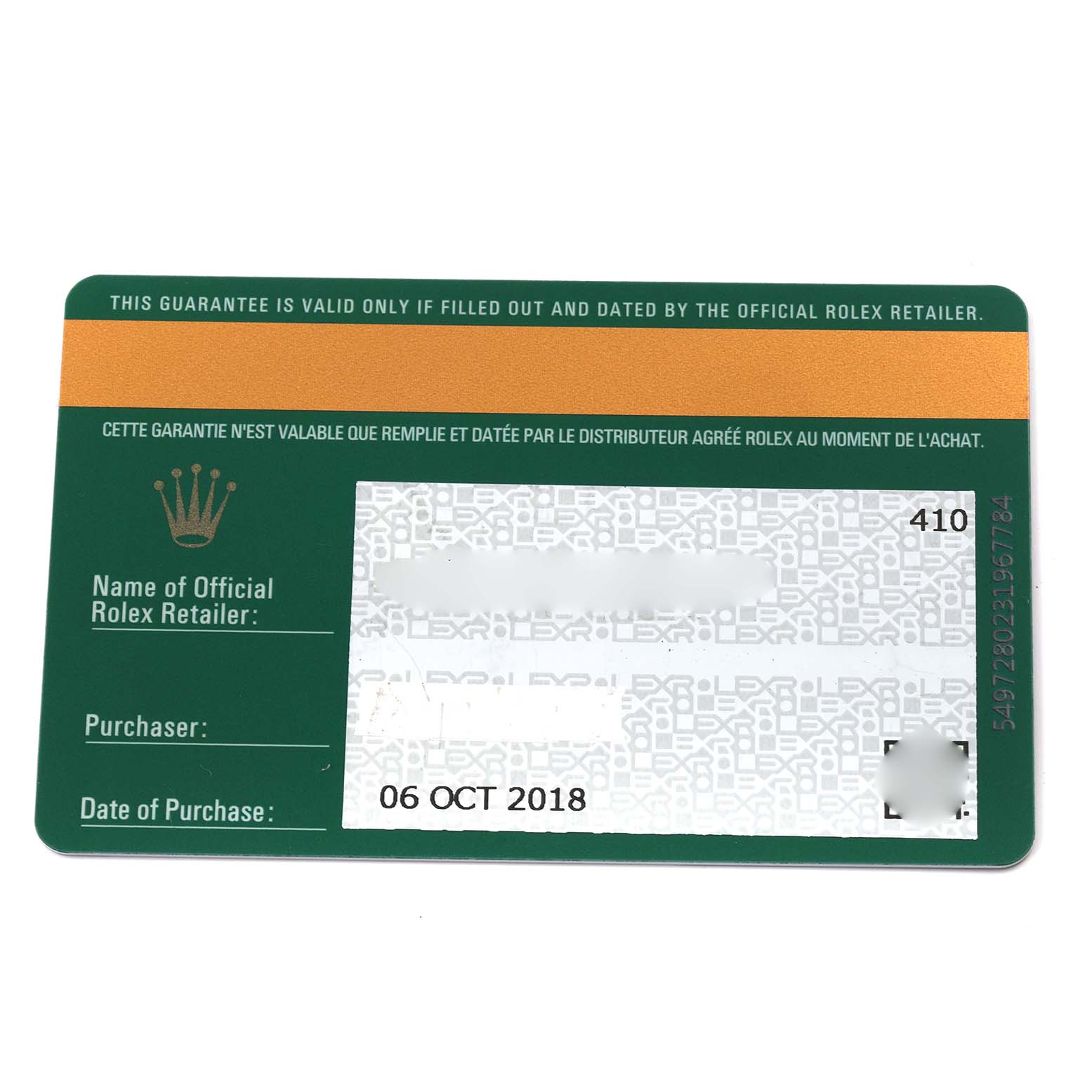 The image shows a warranty card for the Rolex Explorer 214270 Men's Stainless Steel Black Dial 214270 Men's Stainless Steel Black Dial model, detailing purchase date and retailer information.