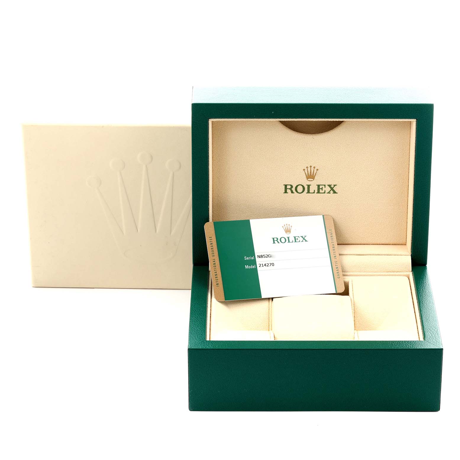 The image shows the box and certificate card of a Rolex Explorer 214270 Men's Stainless Steel Black Dial 214270 Men's Stainless Steel Black Dial watch, model 214270.