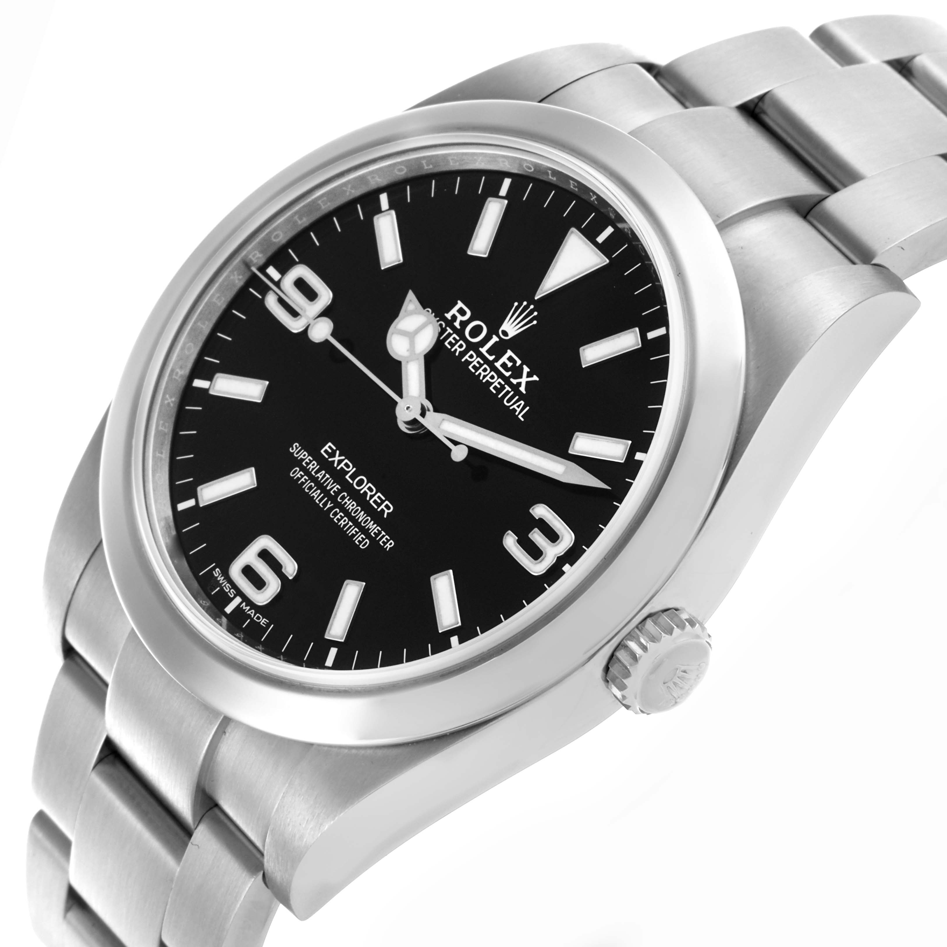 The Rolex Explorer 214270 Men's Stainless Steel Black Dial 214270 Men's Stainless Steel Black Dial watch is shown at a tilted angle, displaying its face, bezel, crown, and part of the bracelet.