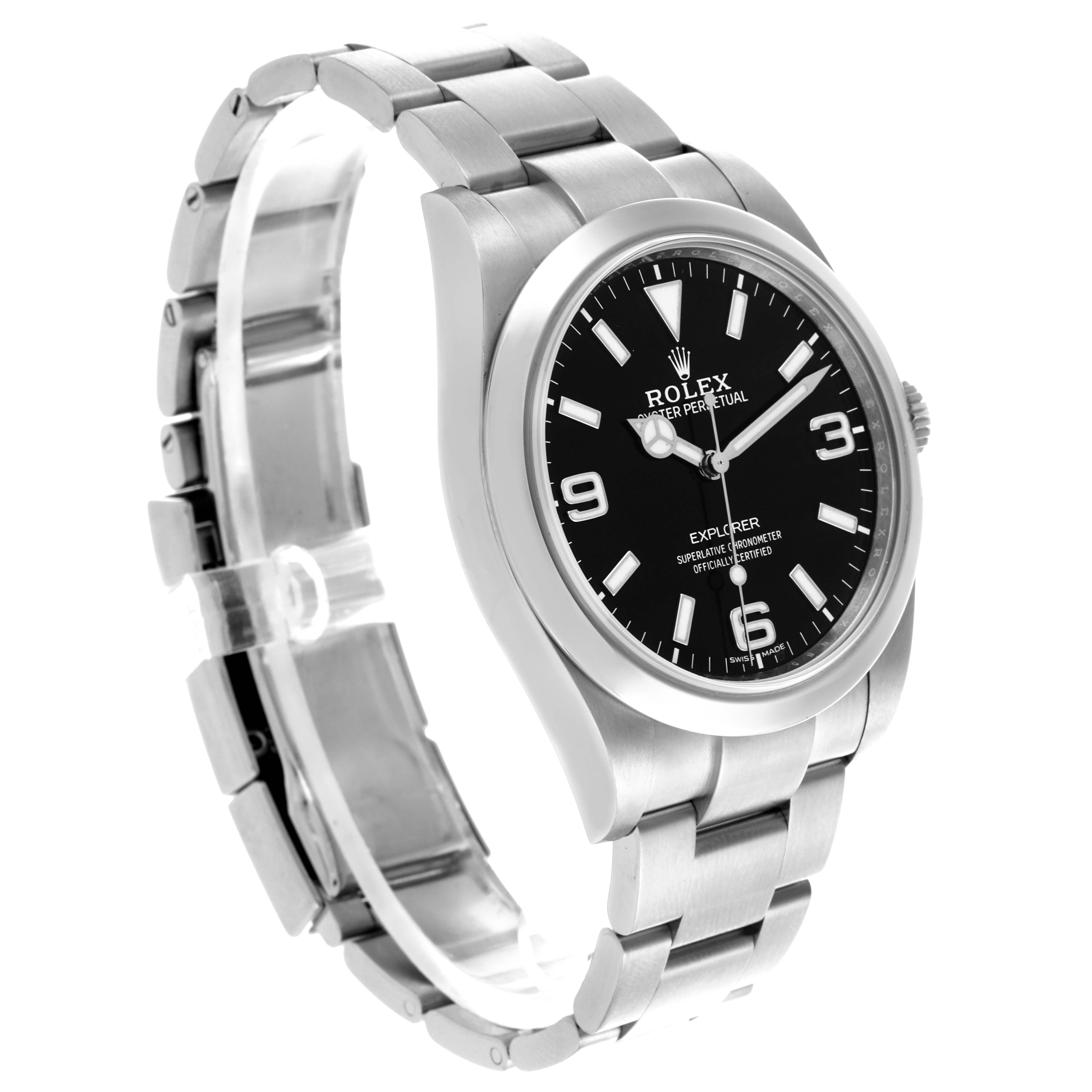 The Rolex Explorer 214270 Men's Stainless Steel Black Dial 214270 Men's Stainless Steel Black Dial watch is shown from a front-right angle, highlighting the black dial and stainless steel bracelet.