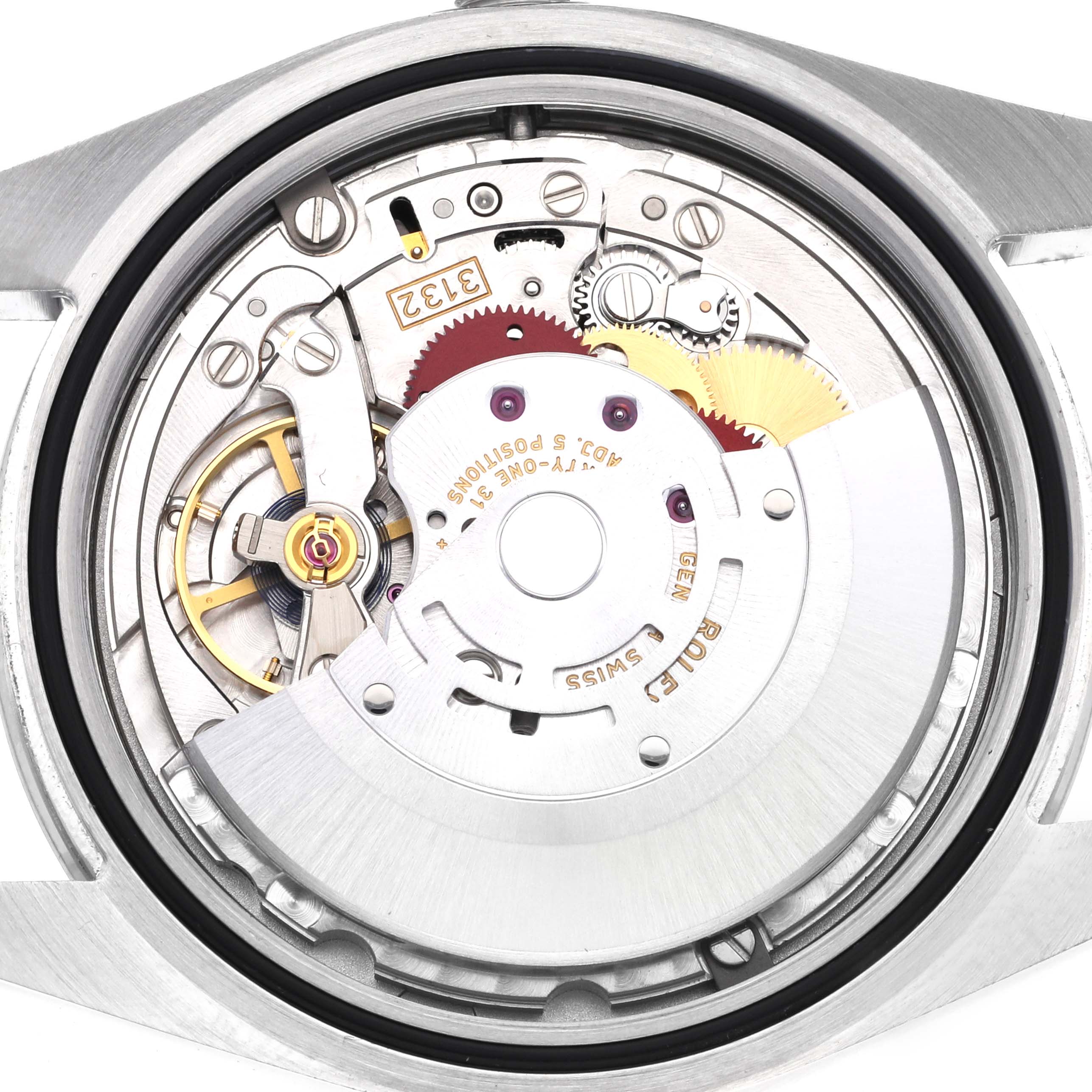 The image shows a close-up of the movement mechanism of a Rolex Explorer 214270 Men's Stainless Steel Black Dial 214270 Men's Stainless Steel Black Dial watch, highlighting gears and components.