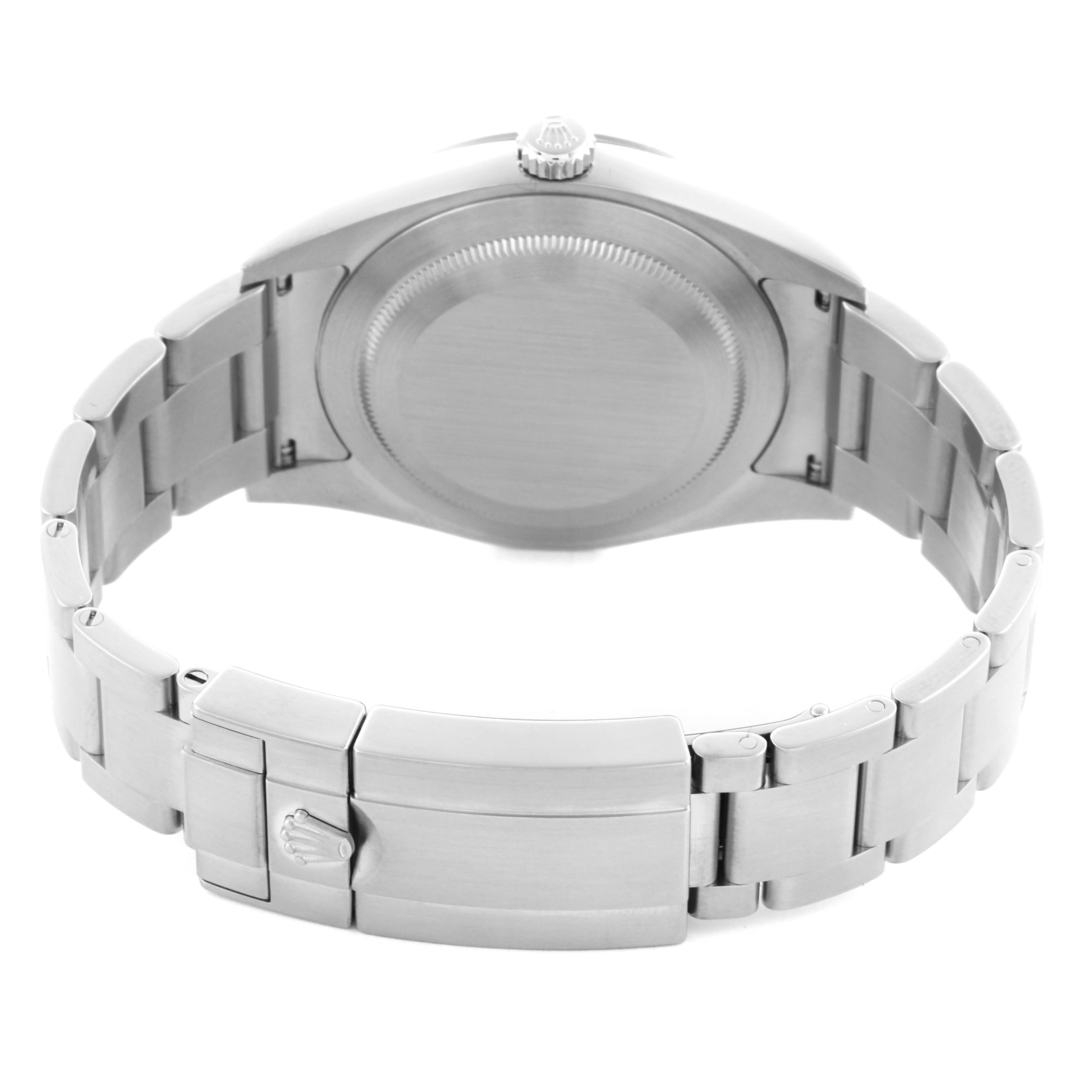 The image shows the back of the Rolex Explorer 214270 Men's Stainless Steel Black Dial 214270 Men's Stainless Steel Black Dial, highlighting the clasp and bracelet links.