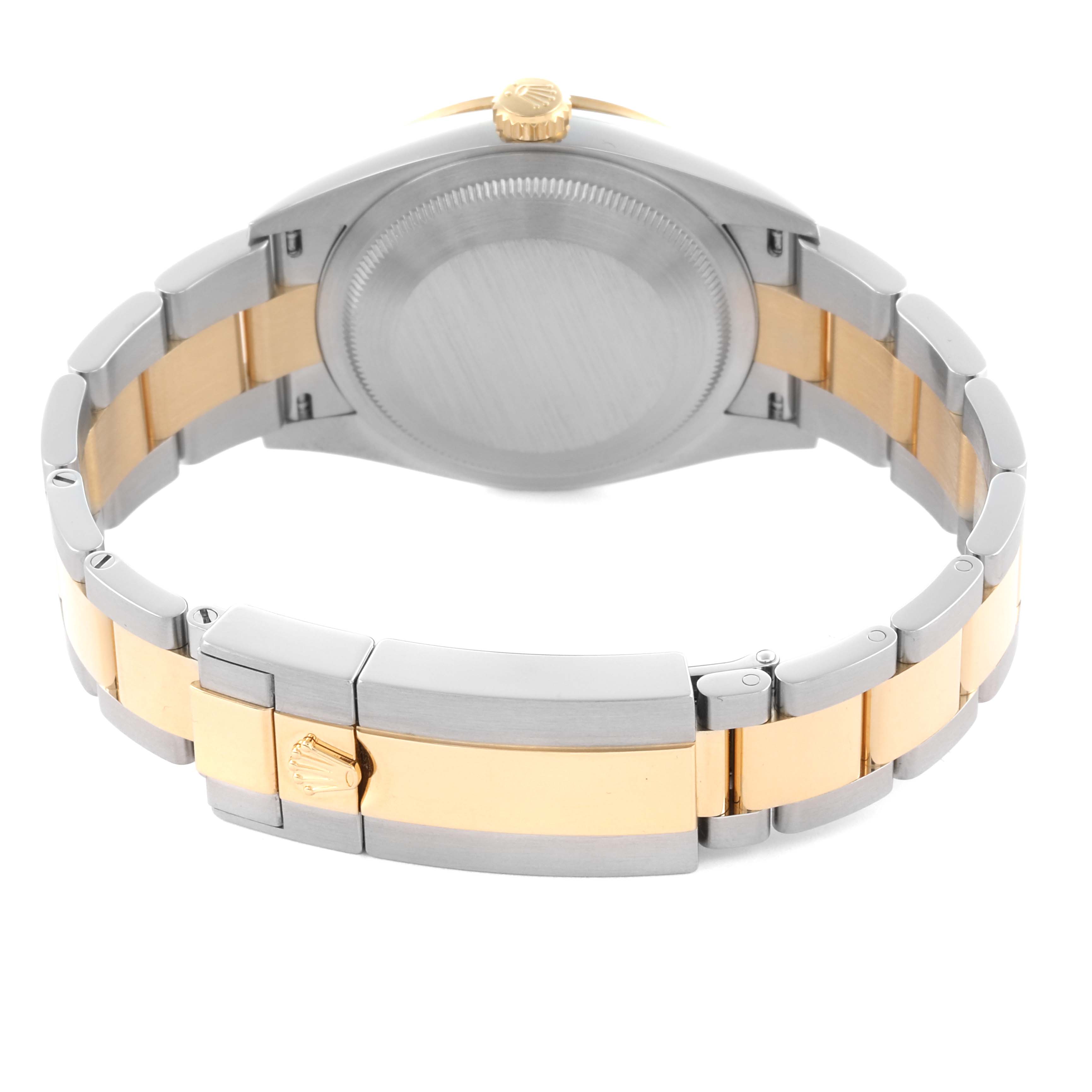 The image shows the back of the Rolex Explorer 124273 Men's Steel and Gold (two tone) Black Dial 124273 Men's Steel and Gold (two tone) Black Dial watch, highlighting the case back, bracelet, and clasp from a rear angle.