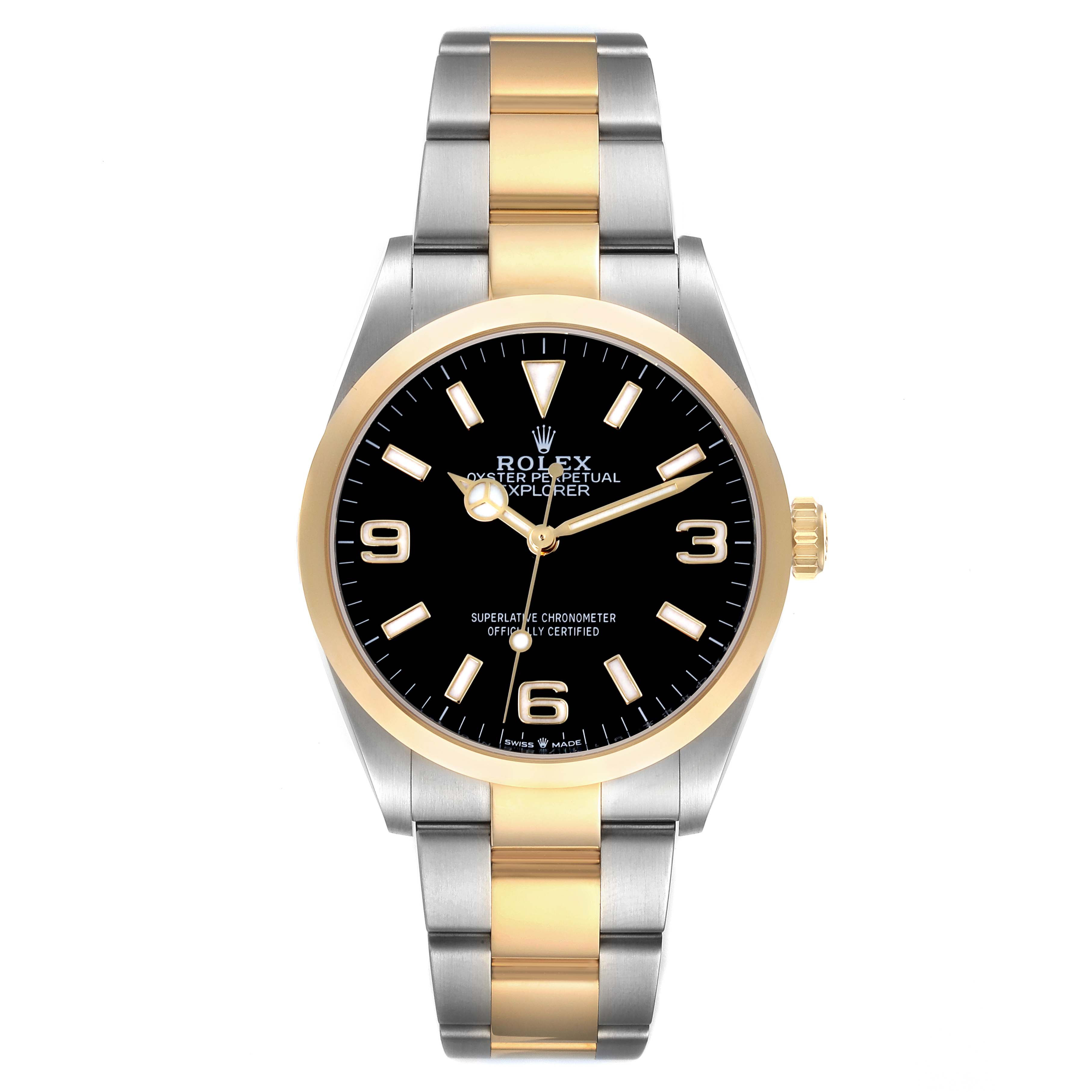 This Rolex Explorer 124273 Men's Steel and Gold (two tone) Black Dial 124273 Men's Steel and Gold (two tone) Black Dial watch is shown from a front angle, featuring a black dial, gold bezel, and two-tone bracelet.