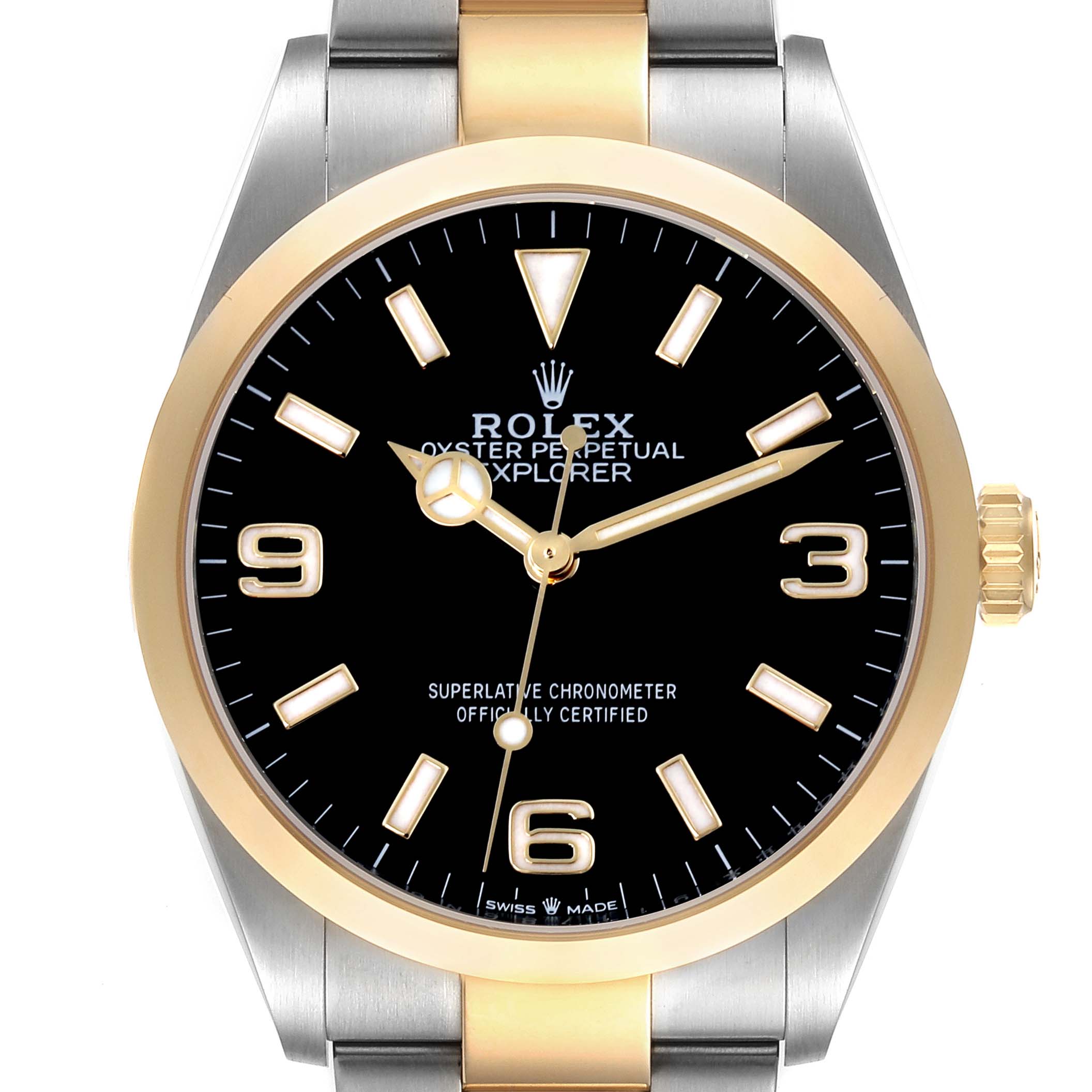 The Rolex Explorer 124273 Men's Steel and Gold (two tone) Black Dial 124273 Men's Steel and Gold (two tone) Black Dial watch is shown from the front, highlighting the dial, bezel, and part of the bracelet.