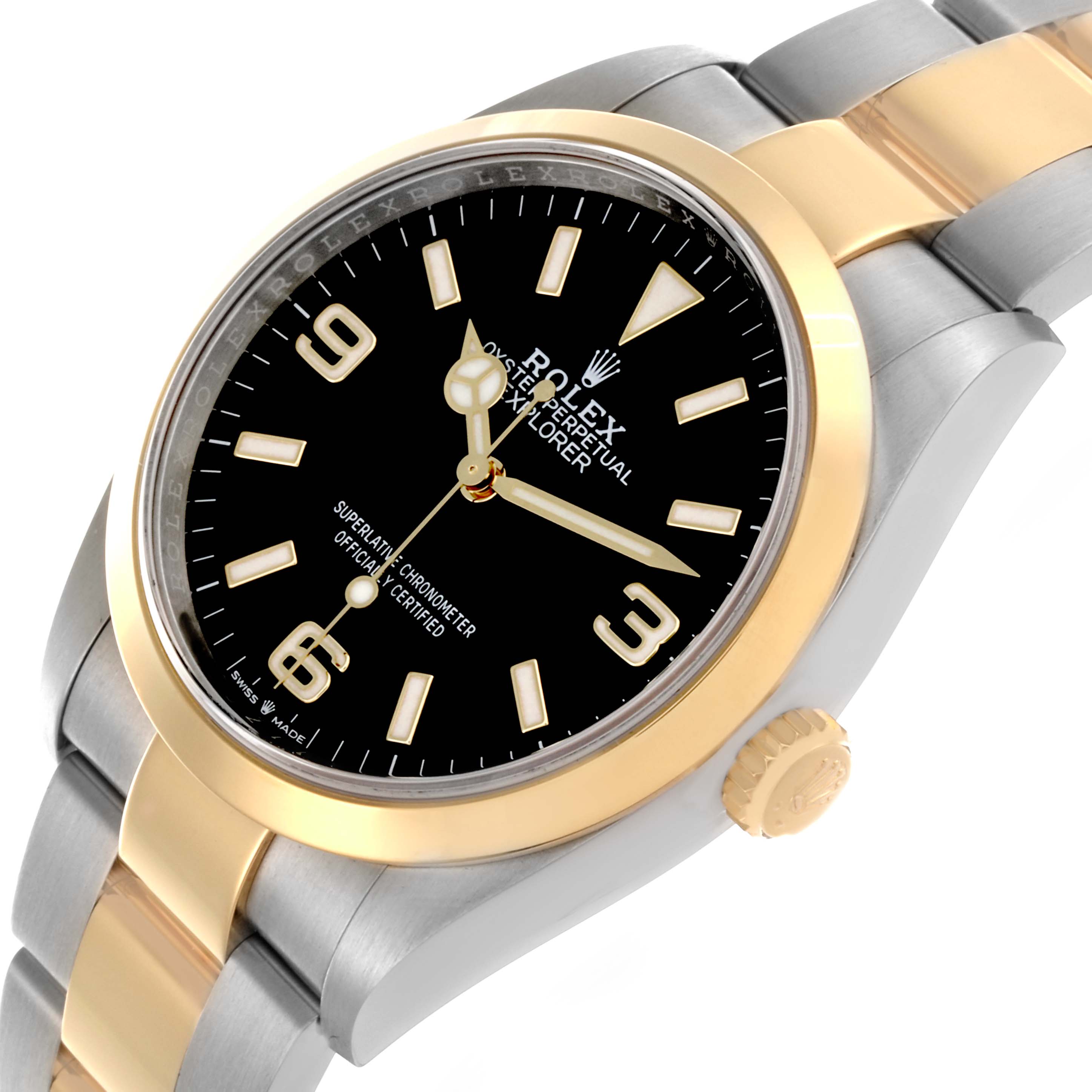 The image shows a Rolex Explorer 124273 Men's Steel and Gold (two tone) Black Dial 124273 Men's Steel and Gold (two tone) Black Dial watch at a slight angle, highlighting the black dial, gold bezel, and two-tone bracelet.