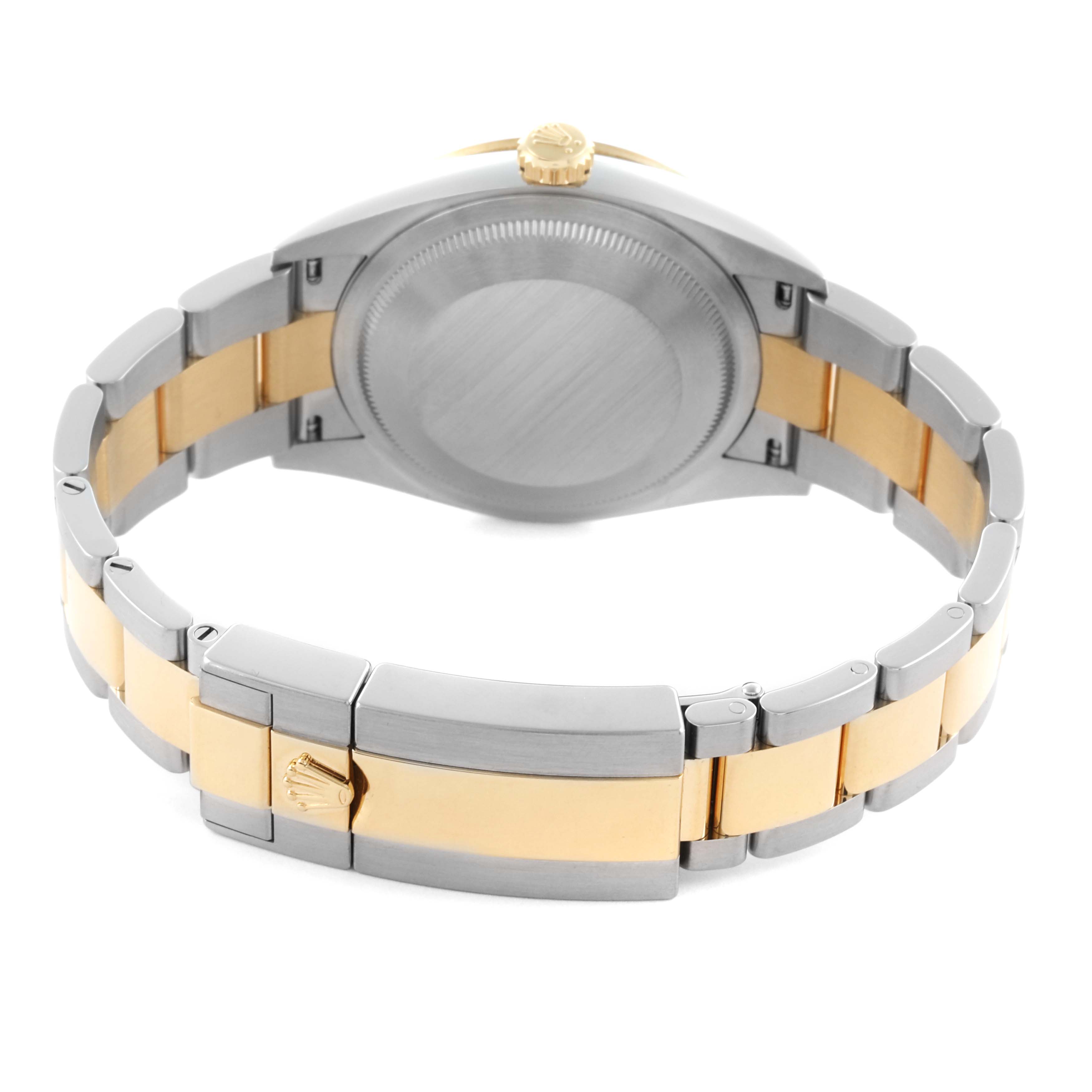 The image shows the back of a Rolex Explorer 124273 Men's Steel and Gold (two tone) Black Dial 124273 Men's Steel and Gold (two tone) Black Dial watch, displaying the bracelet and case back at a slightly elevated angle.