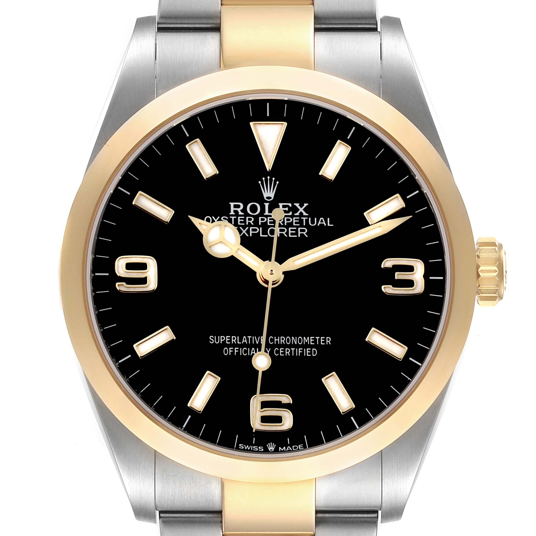 The image shows a front view of the Rolex Explorer 124273 Men's Steel and Gold (two tone) Black Dial 124273 Men's Steel and Gold (two tone) Black Dial watch, highlighting its dial, bezel, and part of the bracelet.