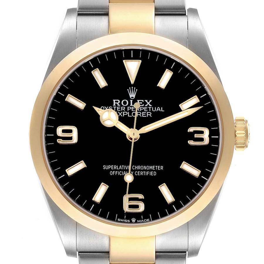 The image shows a front view of the Rolex Explorer watch, highlighting its dial, bezel, and part of the bracelet.