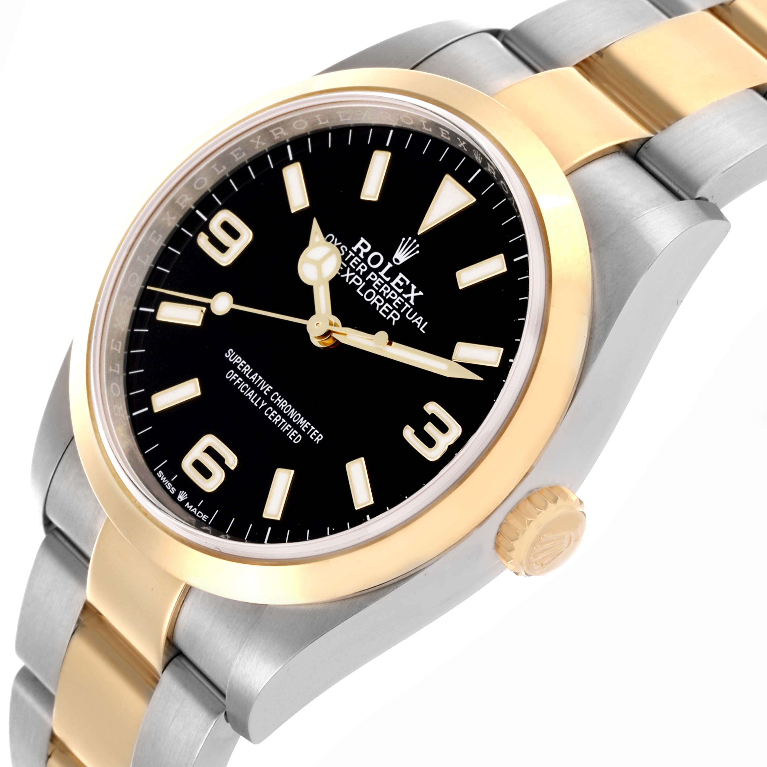 The Rolex Explorer 124273 Men's Steel and Gold (two tone) Black Dial 124273 Men's Steel and Gold (two tone) Black Dial is shown at an angled view, highlighting the face, crown, and two-tone bracelet.