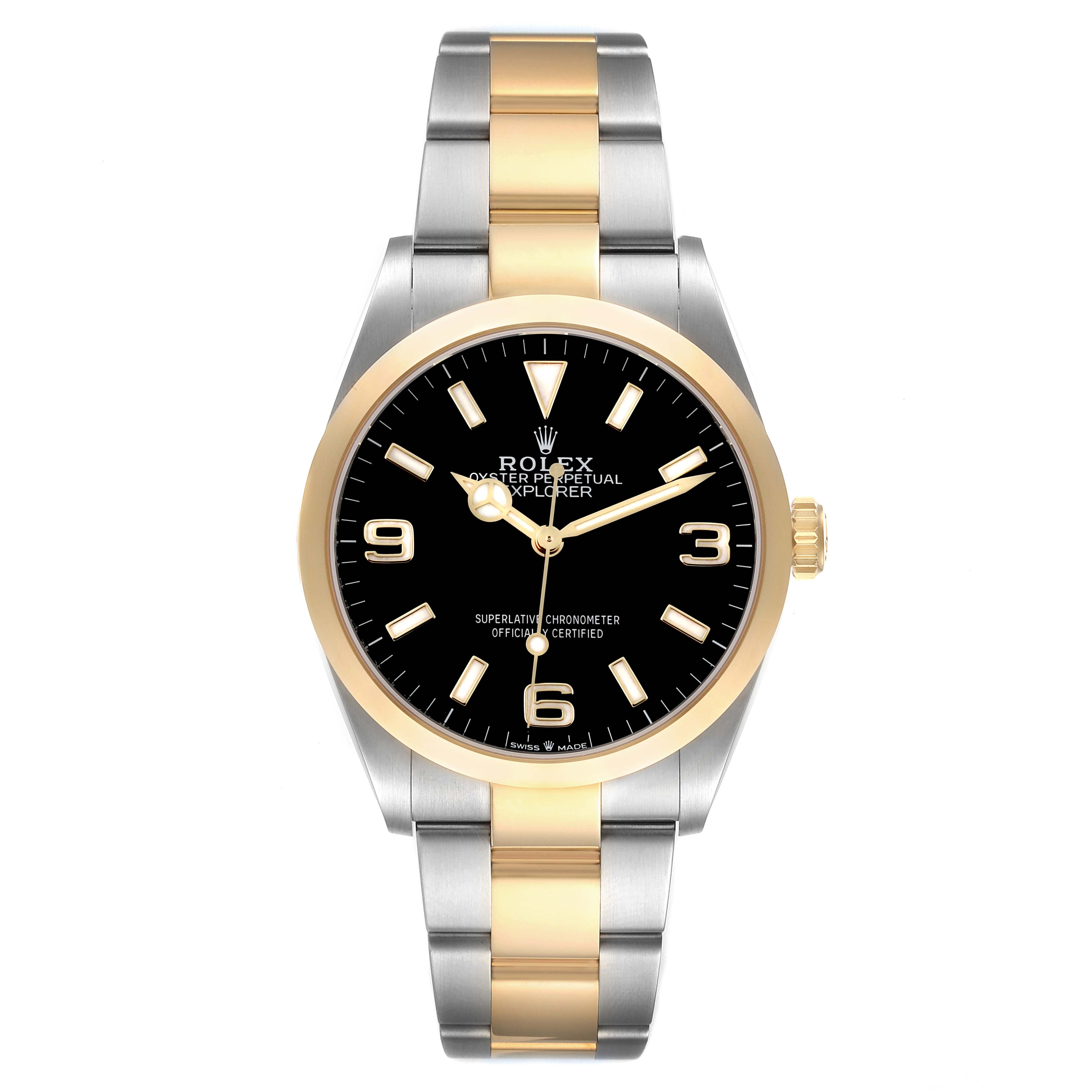 The Rolex Explorer 124273 Men's Steel and Gold (two tone) Black Dial 124273 Men's Steel and Gold (two tone) Black Dial watch is shown from a top-down angle, highlighting the black dial, gold accents, and two-tone bracelet.
