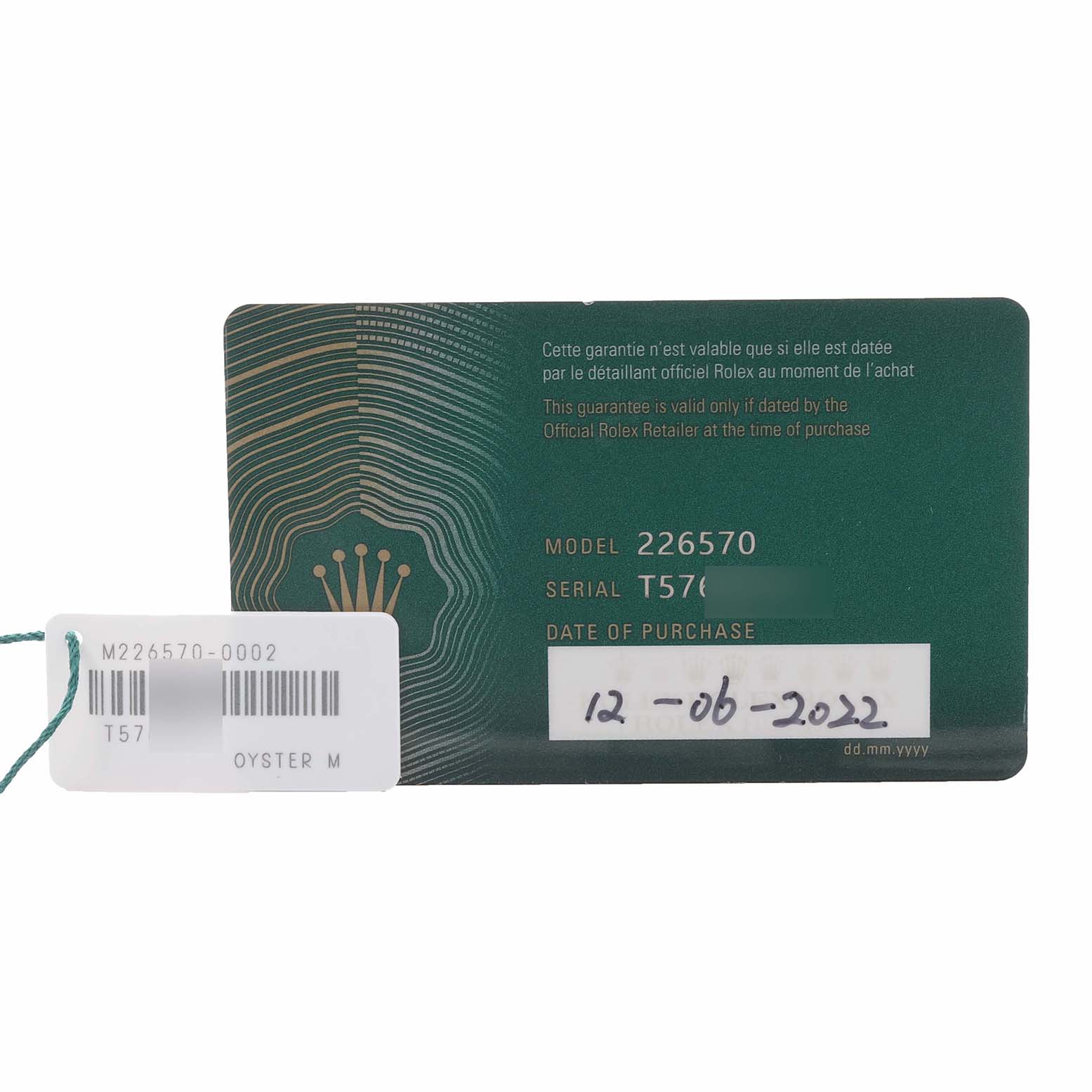 The image shows the warranty card and tag for the Rolex Explorer M226570-0002 Men's Stainless Steel Black Dial M226570-0002 Men's Stainless Steel Black Dial model 226570, featuring serial and purchase date details.