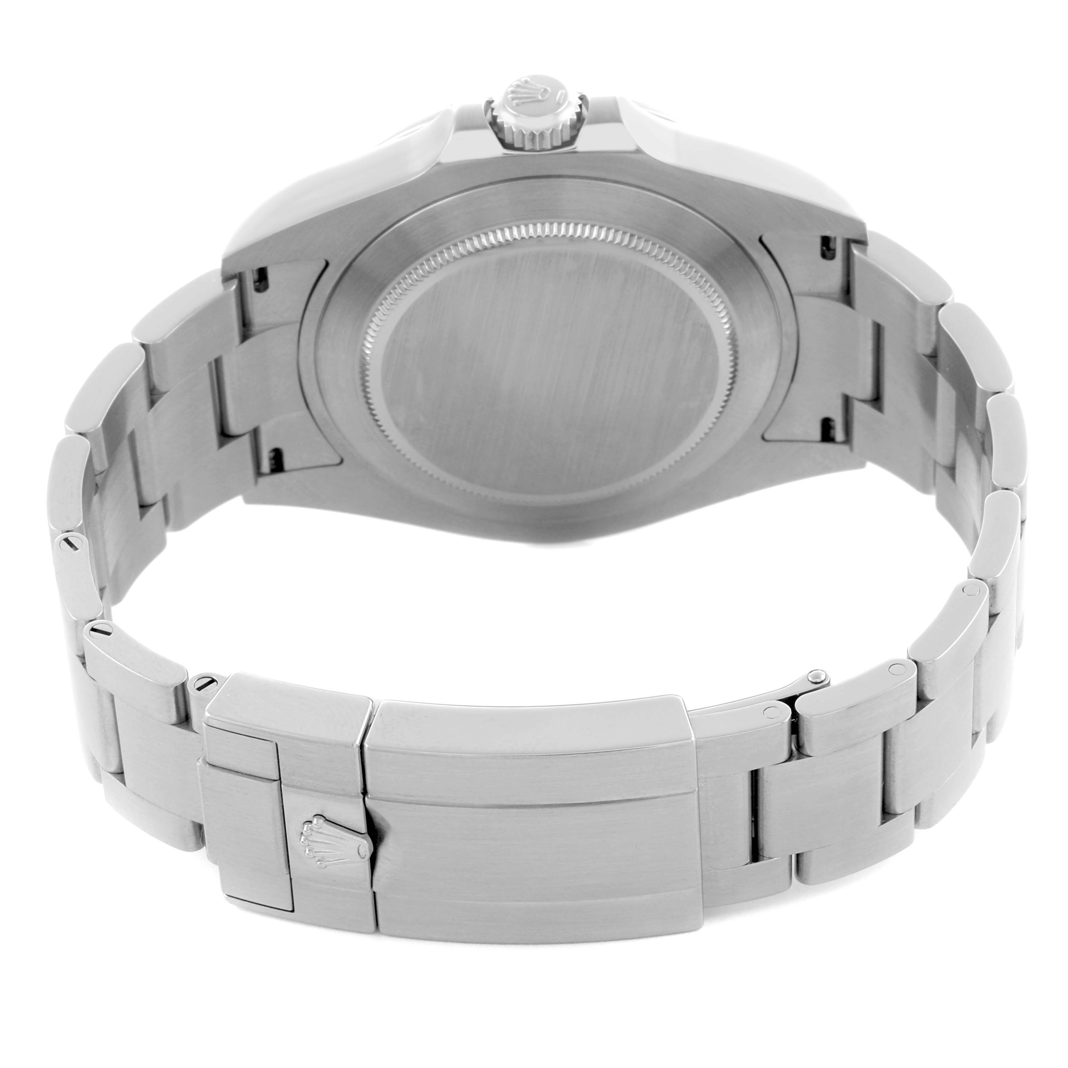 The image shows the Rolex Explorer M226570-0002 Men's Stainless Steel Black Dial M226570-0002 Men's Stainless Steel Black Dial watch from the back, highlighting the clasp, bracelet, and case back.