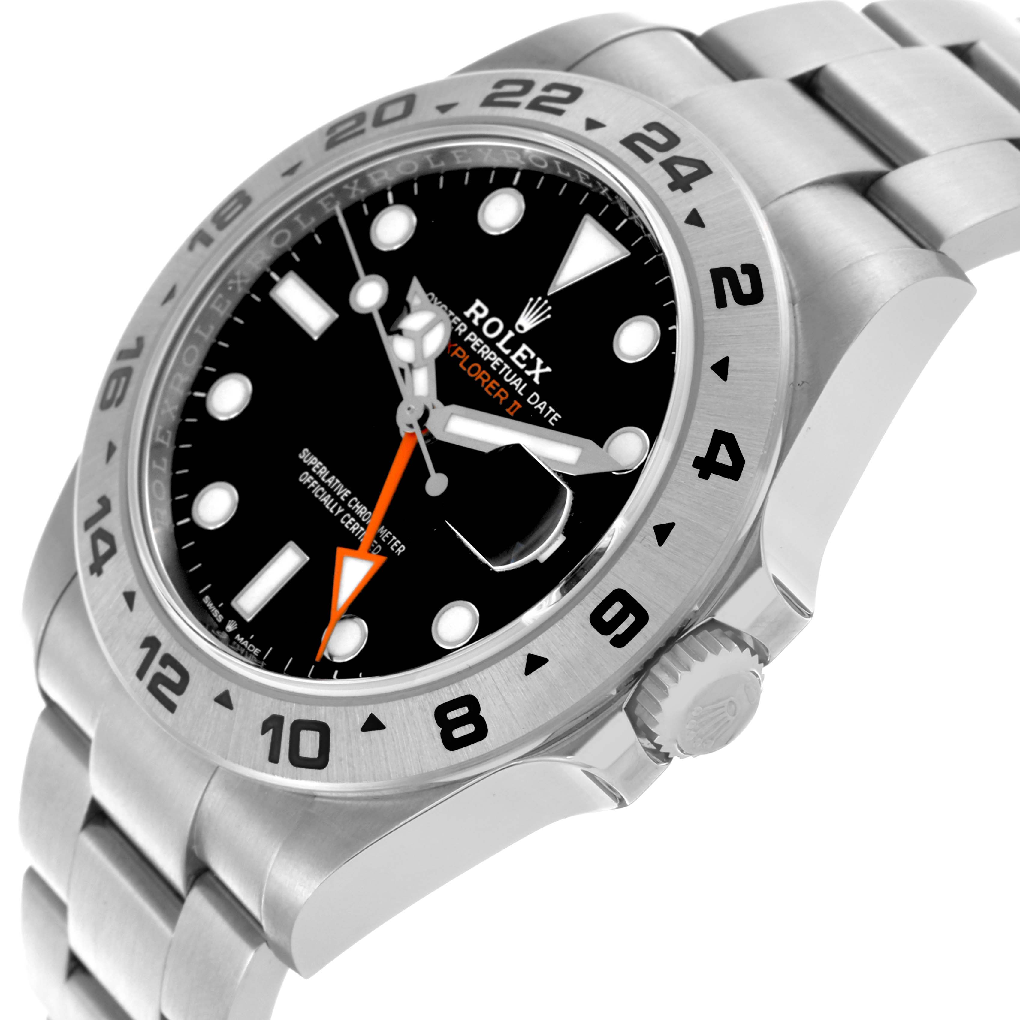 The image shows a Rolex Explorer M226570-0002 Men's Stainless Steel Black Dial M226570-0002 Men's Stainless Steel Black Dial watch at a tilted angle, highlighting its dial, bezel, crown, and part of the metal bracelet.