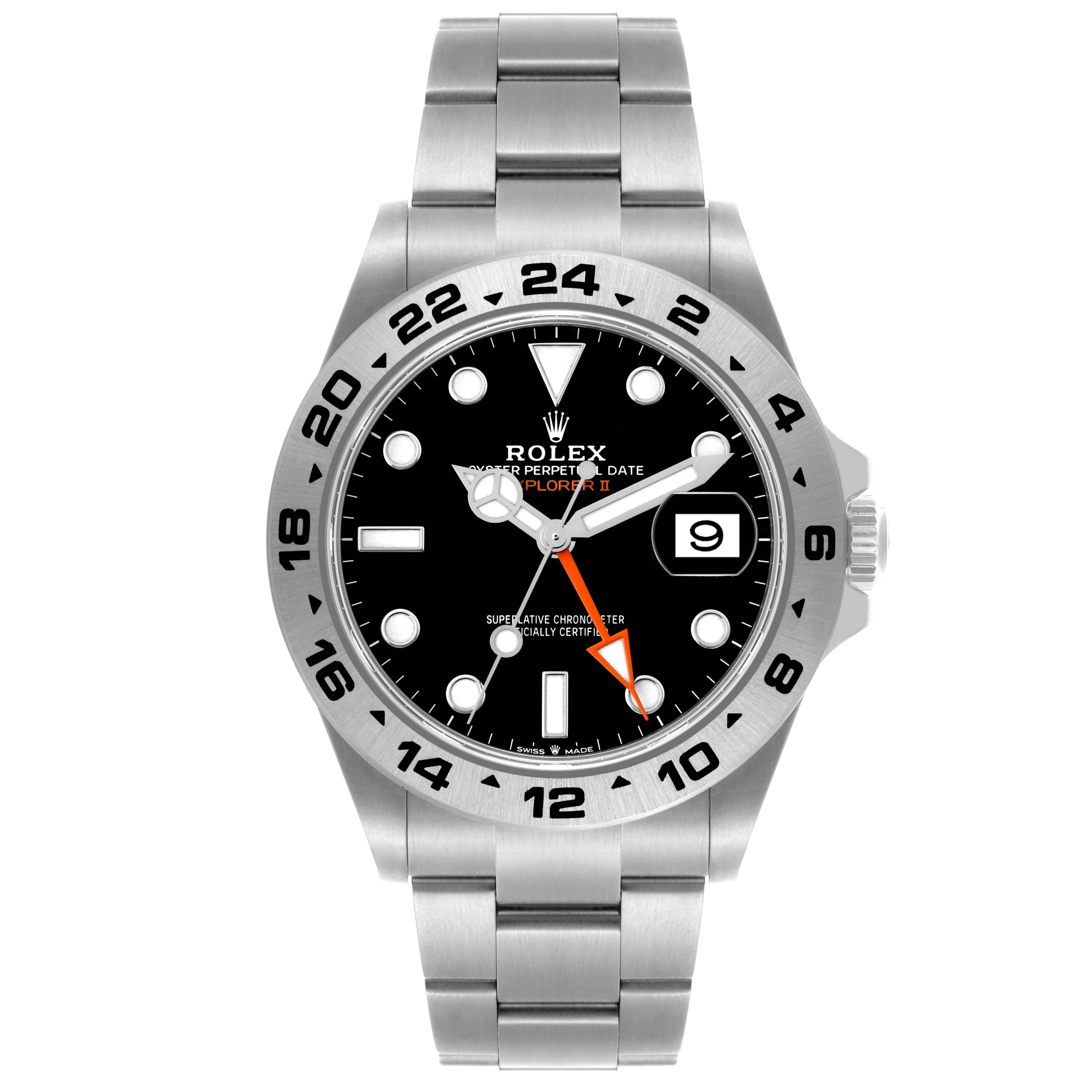 The image shows a frontal view of a Rolex Explorer M226570-0002 Men's Stainless Steel Black Dial M226570-0002 Men's Stainless Steel Black Dial II, highlighting the dial, bezel, bracelet, and date window.