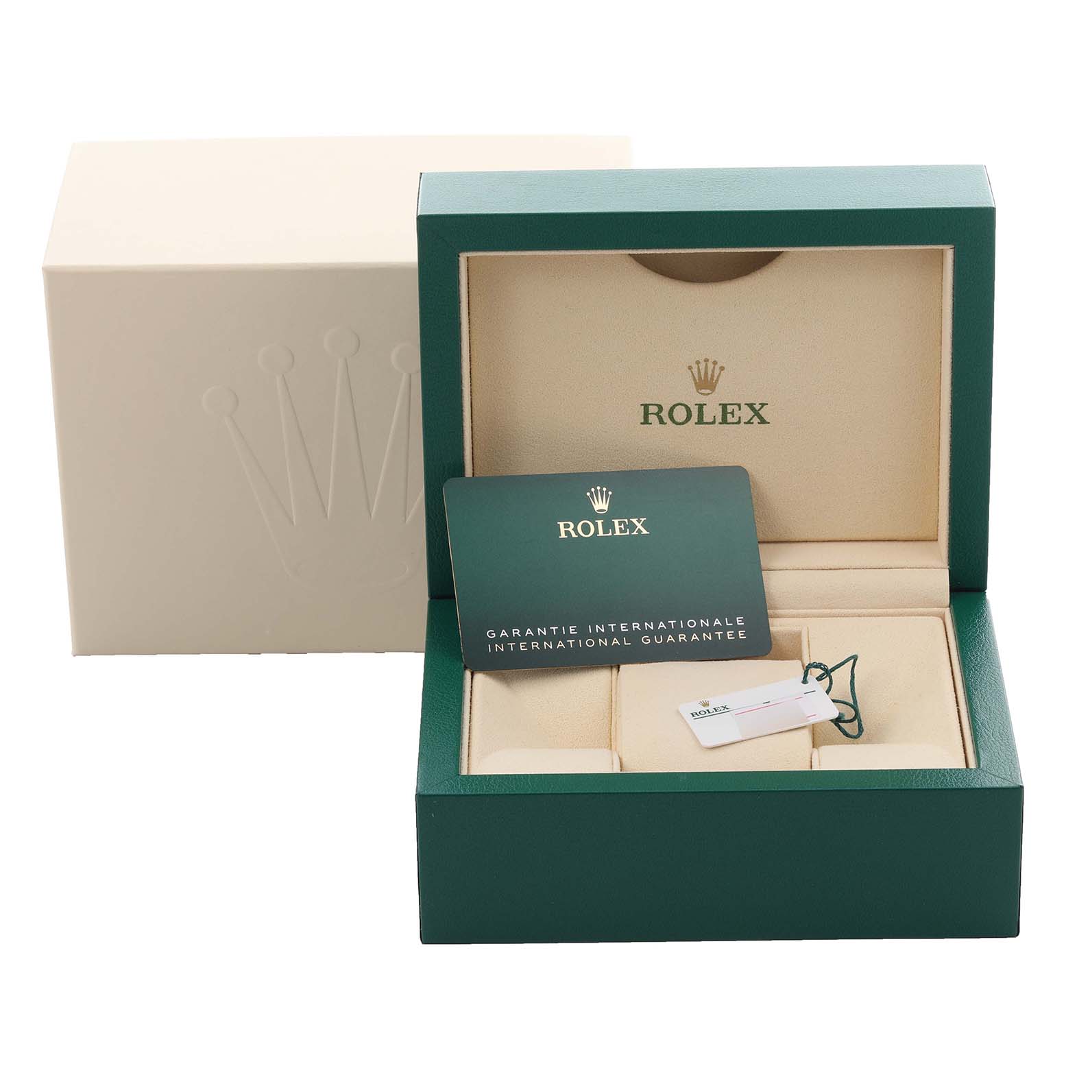 The image shows the packaging and guarantee card for the Rolex Explorer M226570-0002 Men's Stainless Steel Black Dial M226570-0002 Men's Stainless Steel Black Dial, including the green box and card.