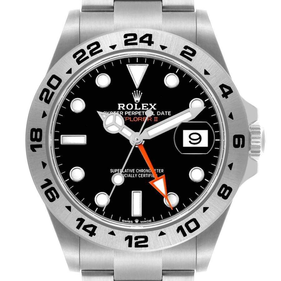 The Rolex Explorer model is shown from the front, highlighting the dial, bezel, hands, and date window.