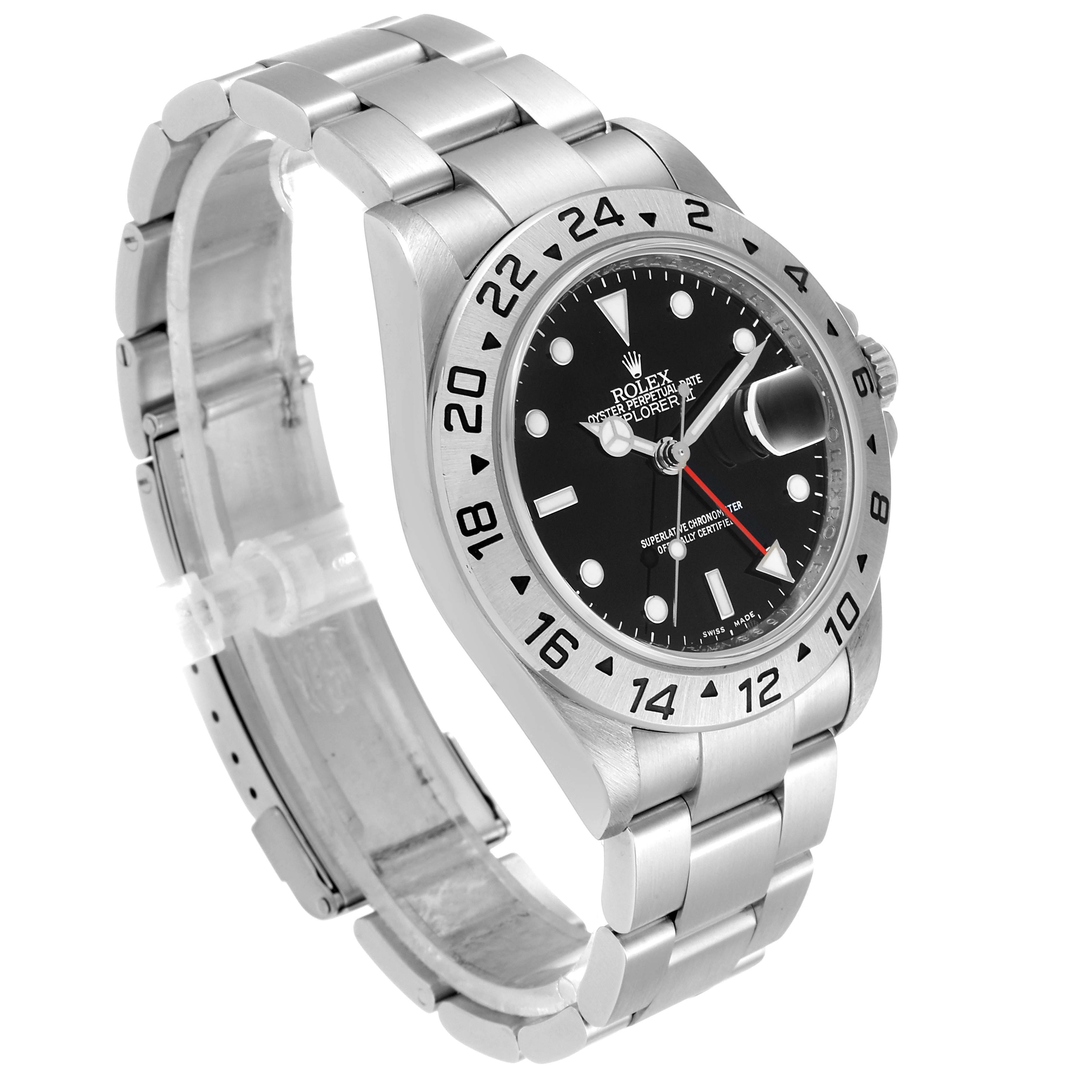 This image shows a front-side view of the Rolex Explorer 16570 Men
s Stainless Steel Black Dial 16570 Men
s Stainless Steel Black Dial watch, highlighting the dial, bezel, bracelet, and crown.