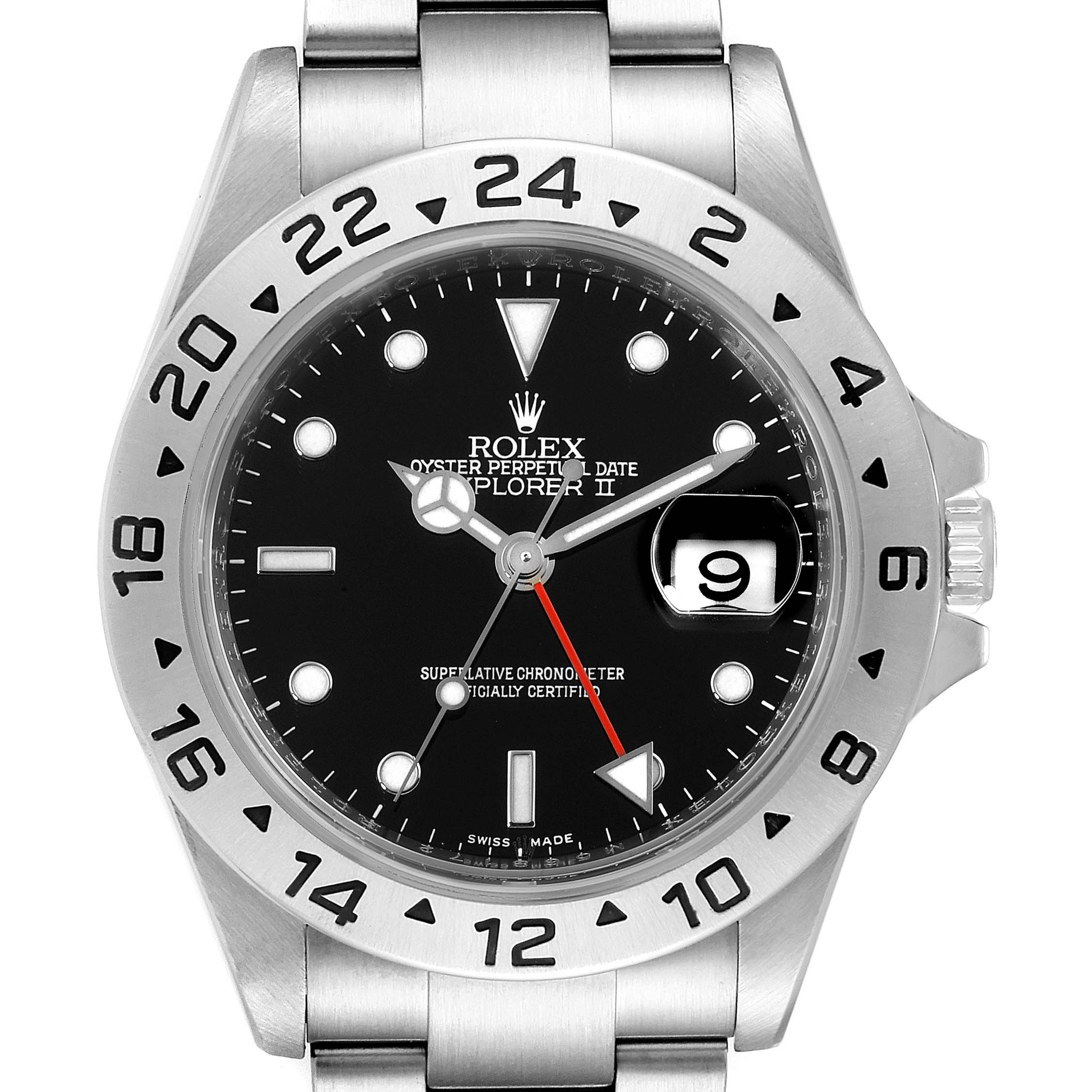The image shows a front view of the Rolex Explorer 16570 Men
s Stainless Steel Black Dial 16570 Men
s Stainless Steel Black Dial watch, displaying the dial, bezel, bracelet, and date window.
