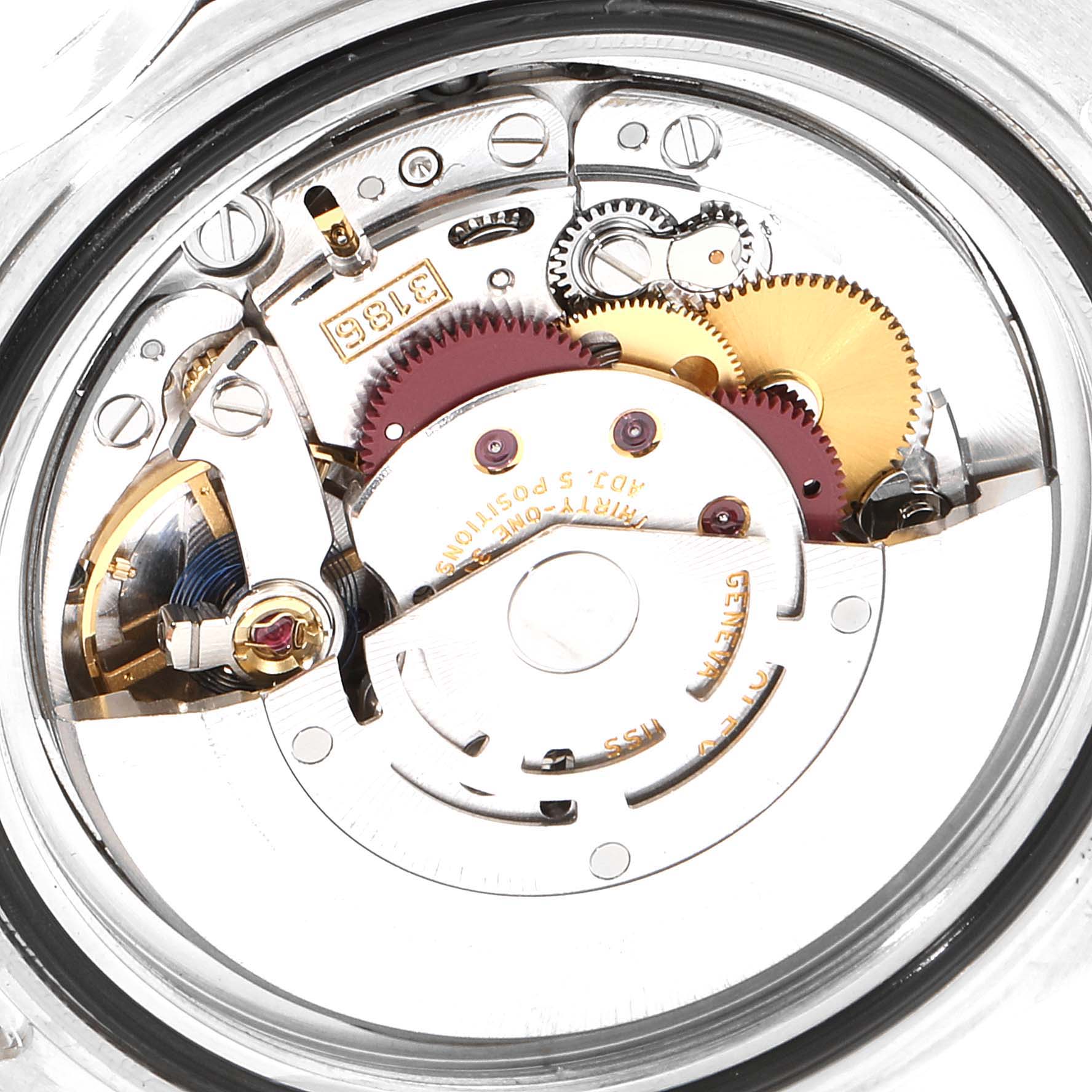 This image shows the internal mechanism of a Rolex Explorer 16570 Men
s Stainless Steel Black Dial 16570 Men
s Stainless Steel Black Dial watch, focusing on the movement and gears.