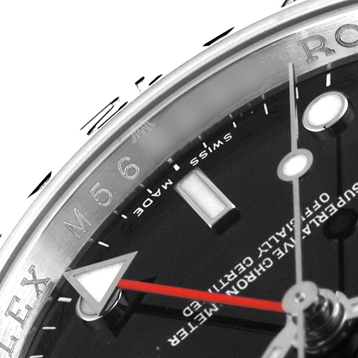 The image shows a close-up view of the Rolex Explorer 16570 Men
s Stainless Steel Black Dial 16570 Men
s Stainless Steel Black Dial watch, highlighting its dial, hands, bezel, and part of the chapter ring.