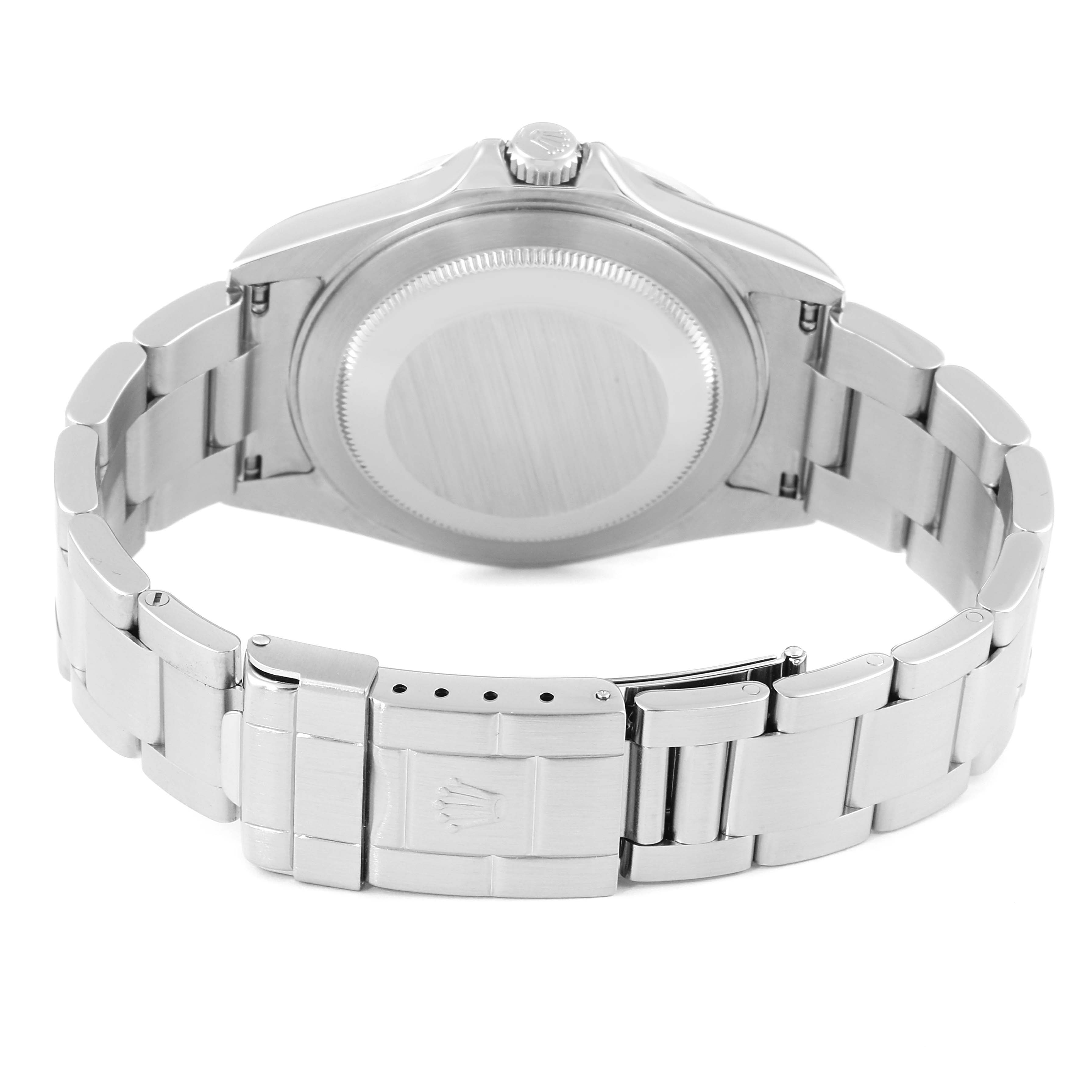 This image shows the back view of a Rolex Explorer 16570 Men
s Stainless Steel Black Dial 16570 Men
s Stainless Steel Black Dial watch, highlighting its case back, bracelet, and clasp.