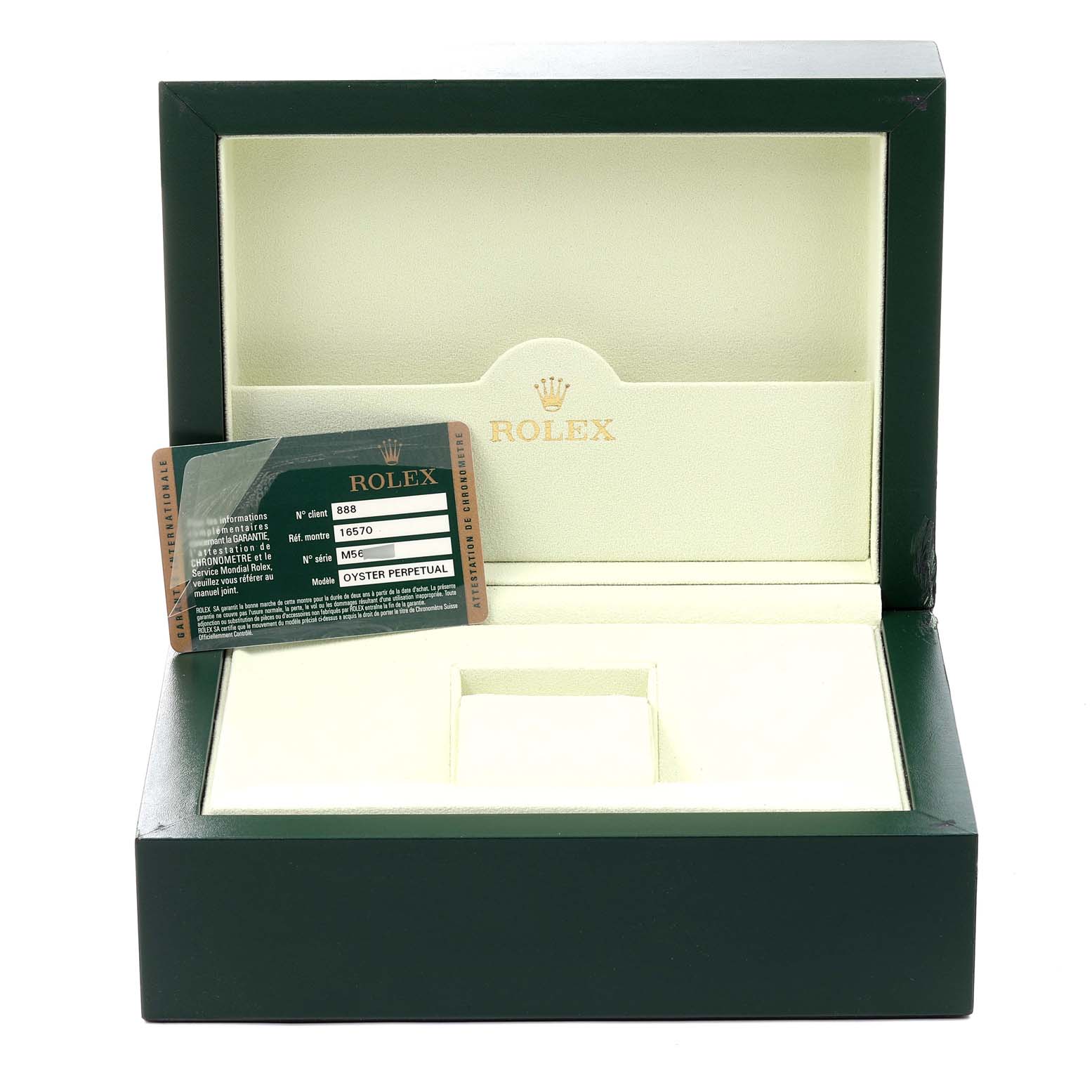 This image shows the open box and warranty card of a Rolex Explorer 16570 Men
s Stainless Steel Black Dial 16570 Men
s Stainless Steel Black Dial model.