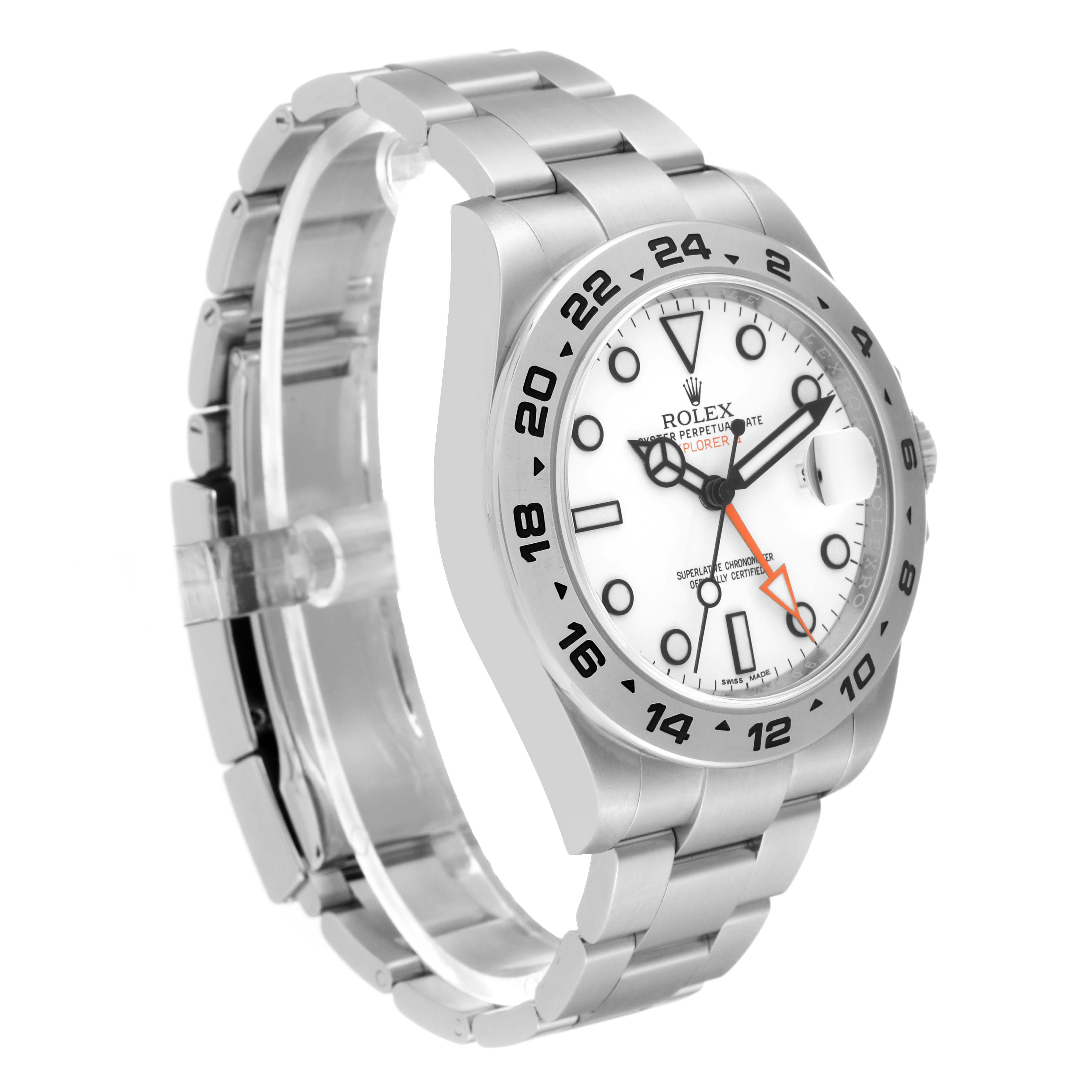 This image shows a Rolex Explorer 216570 Men
s Stainless Steel White Dial 216570 Men
s Stainless Steel White Dial watch from an angled side view, highlighting the case, bezel, bracelet, and dial.