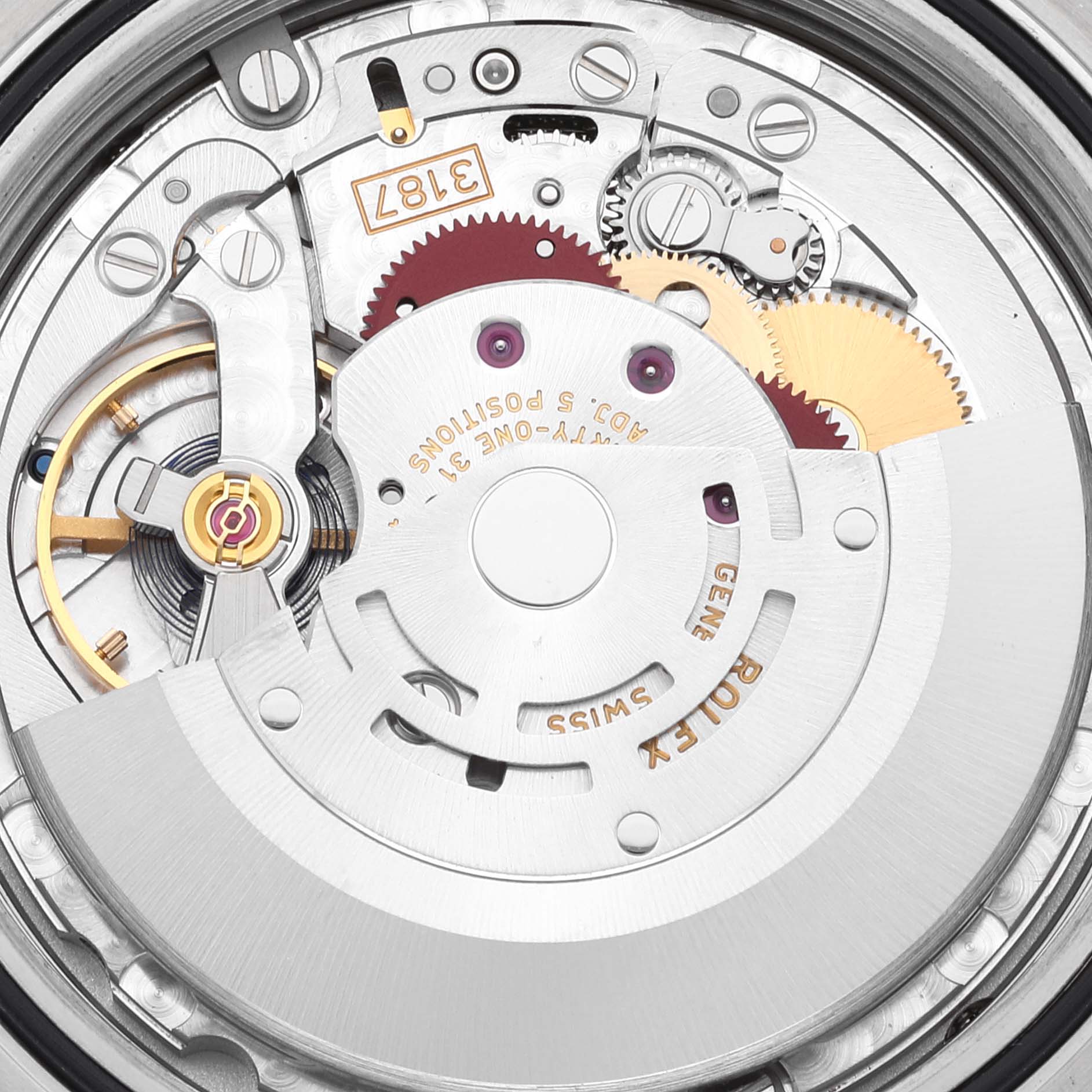 This image shows the intricate internal mechanism of a Rolex Explorer 216570 Men
s Stainless Steel White Dial 216570 Men
s Stainless Steel White Dial watch, including gears and the rotor.