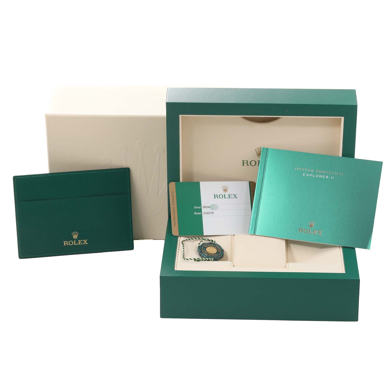 The image shows the packaging, warranty card, manual, and Best Quality
ation tag for a Rolex Explorer 216570 Men
s Stainless Steel White Dial 216570 Men
s Stainless Steel White Dial model watch.
