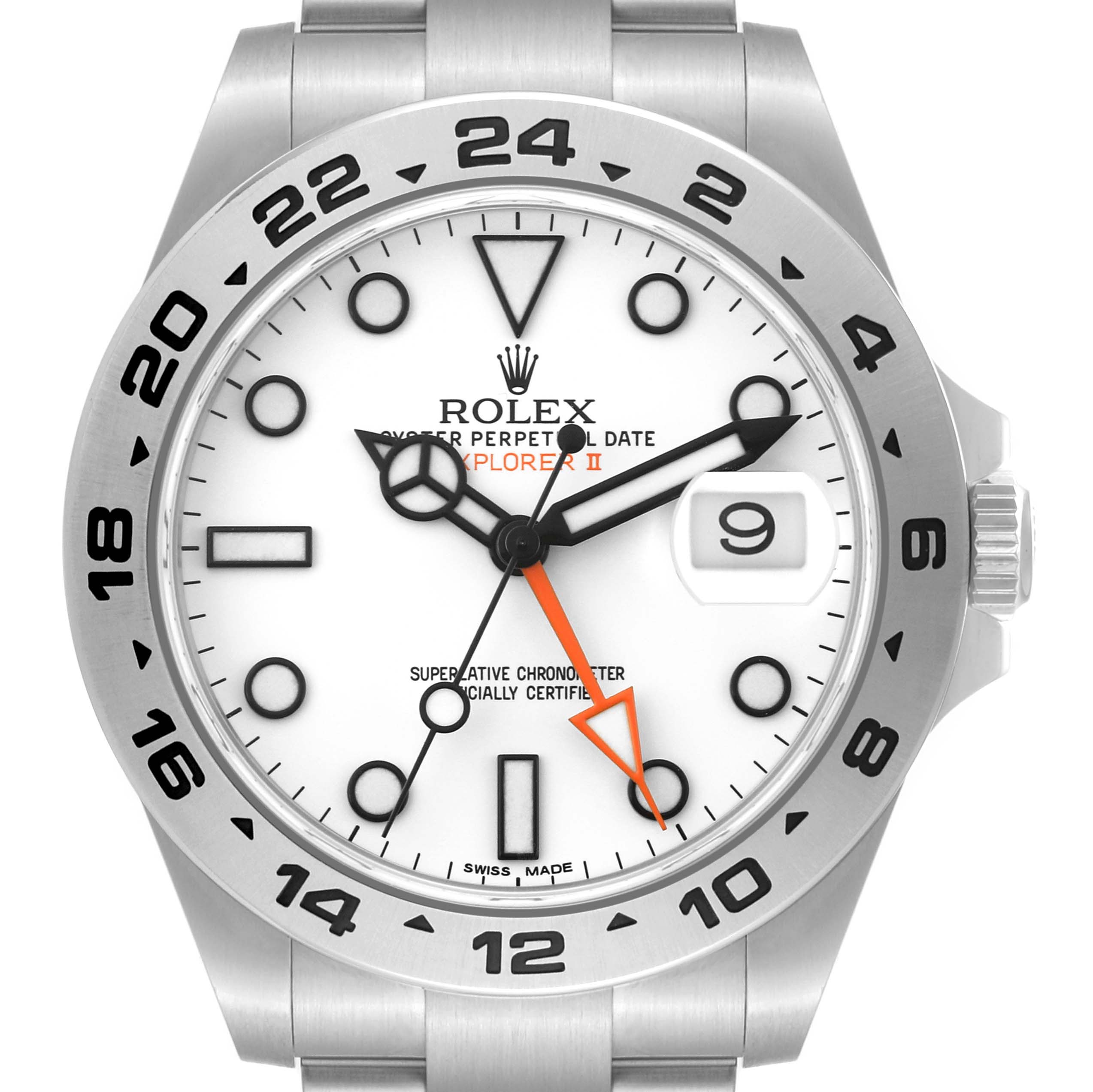 The image shows the dial and bezel of the Rolex Explorer 216570 Men
s Stainless Steel White Dial 216570 Men
s Stainless Steel White Dial watch, viewed from a straight-on angle.