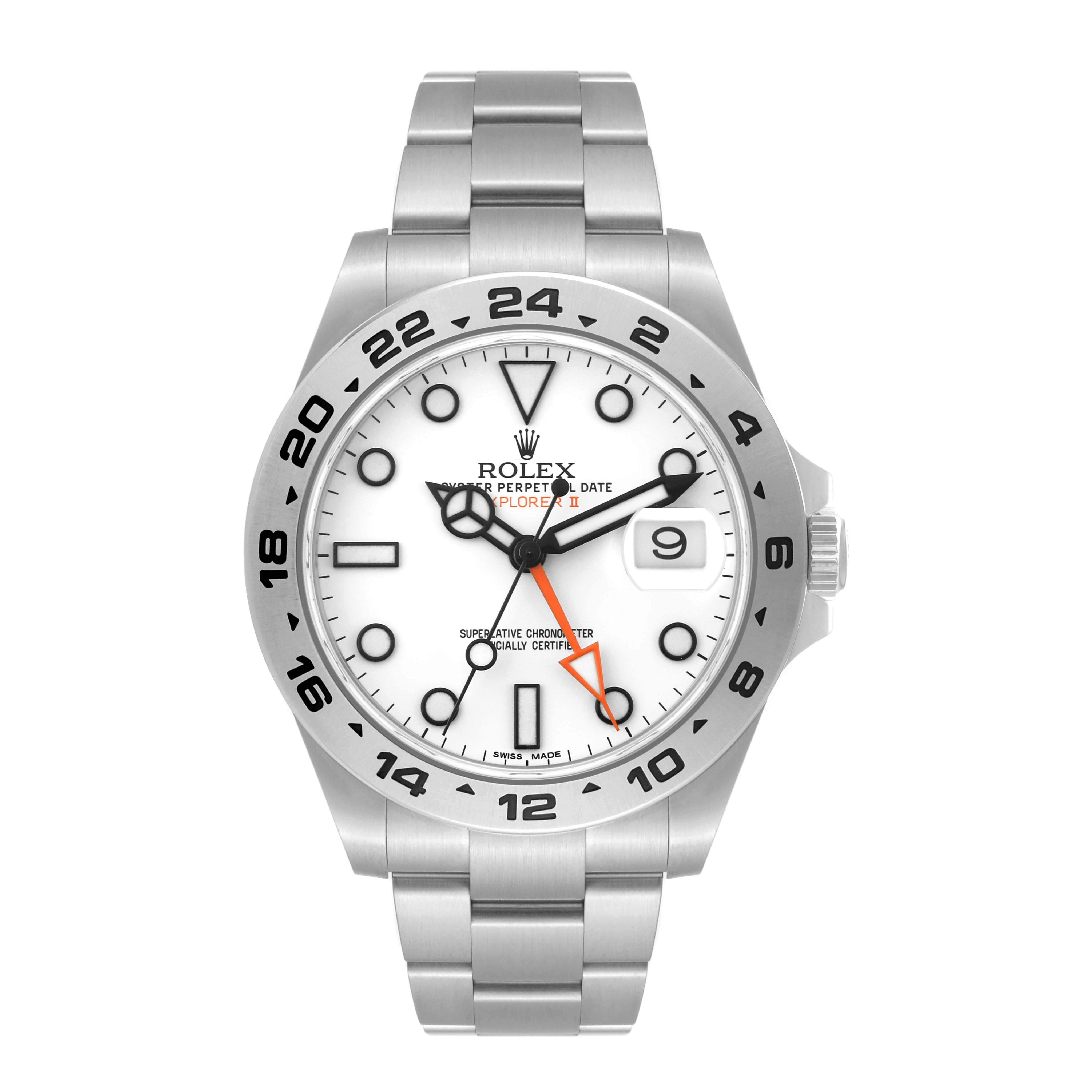 The image shows a front view of a Rolex Explorer 216570 Men
s Stainless Steel White Dial 216570 Men
s Stainless Steel White Dial watch, highlighting the dial, bezel, hands, and bracelet.