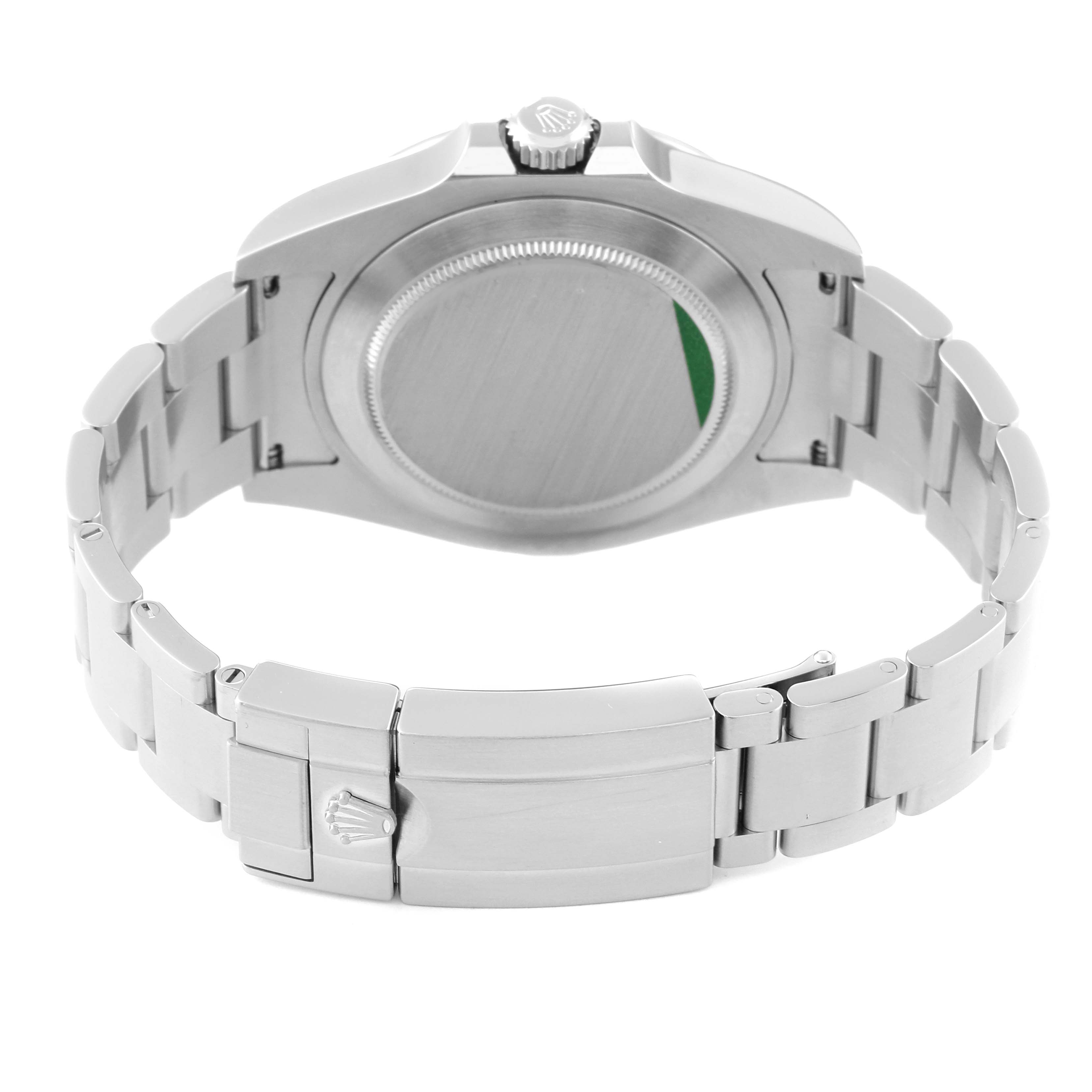 The image shows the back view of a Rolex Explorer 216570 Men
s Stainless Steel White Dial 216570 Men
s Stainless Steel White Dial watch, highlighting its case back and bracelet clasp.