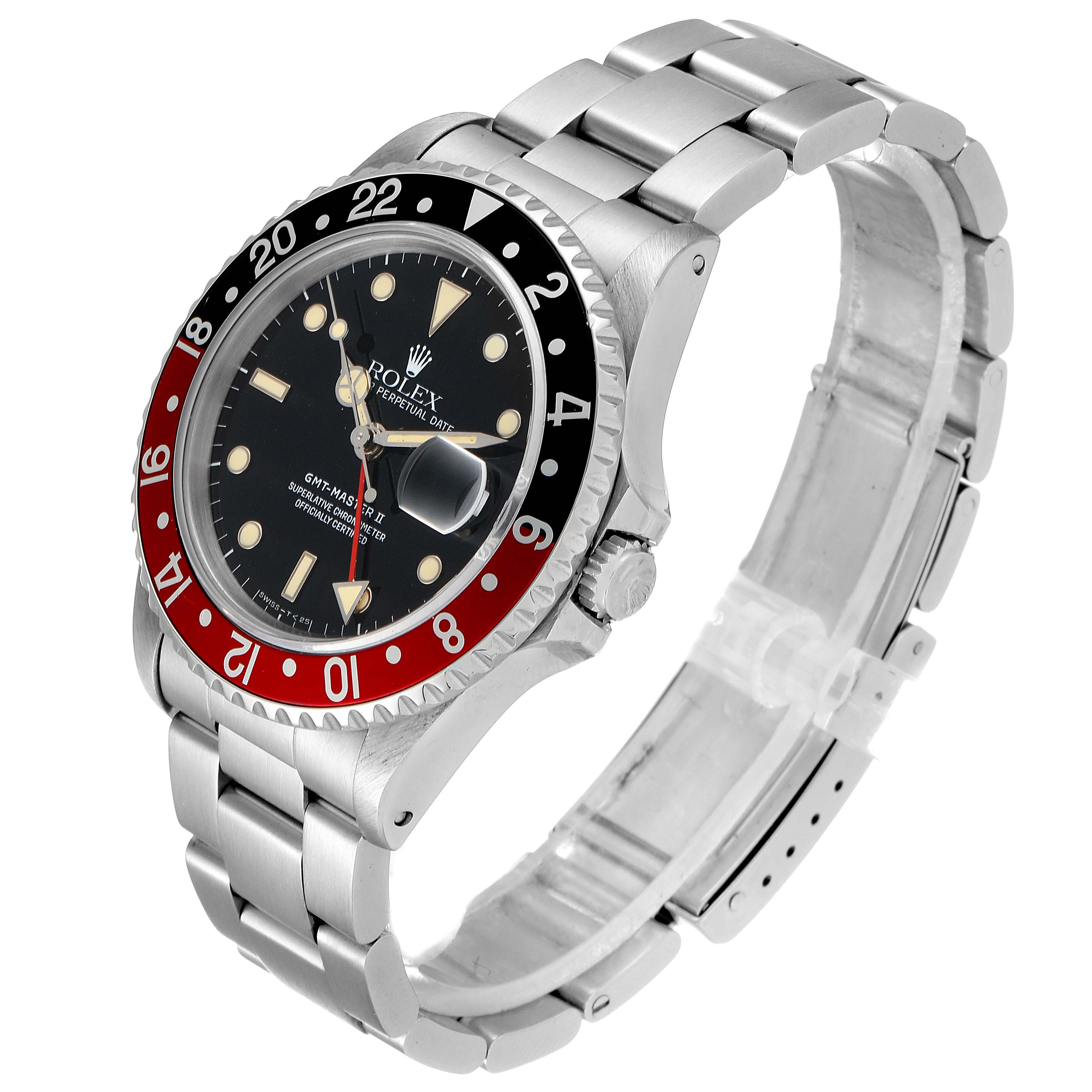 This image shows a Rolex GMT-Master 16710 Men's Stainless Steel Black Dial 16710 Men's Stainless Steel Black Dial watch from a side angle, featuring the dial, bezel, crown, and bracelet.