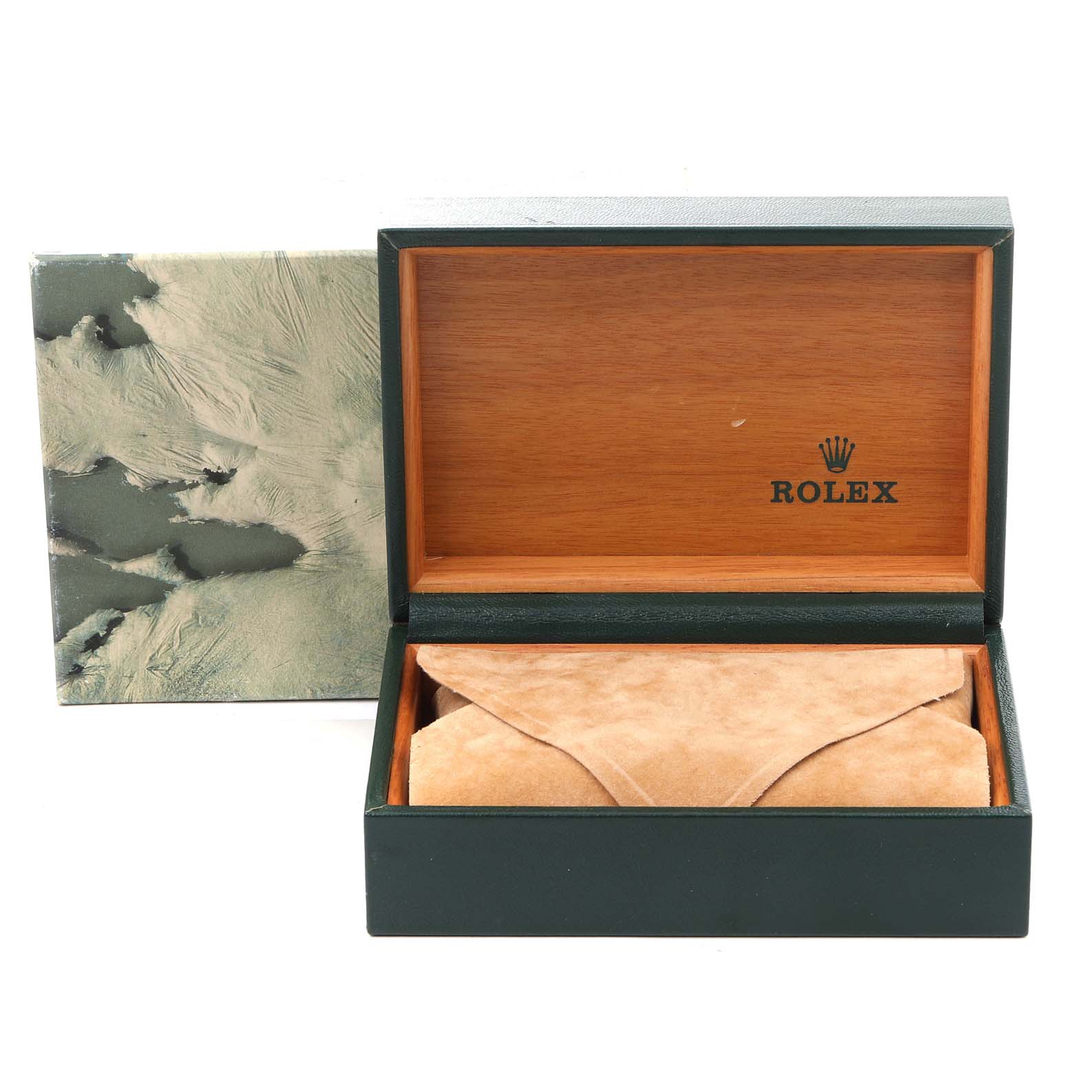 The image shows an open Rolex GMT-Master 16710 Men's Stainless Steel Black Dial 16710 Men's Stainless Steel Black Dial watch box with an outer case and a suede pouch inside.