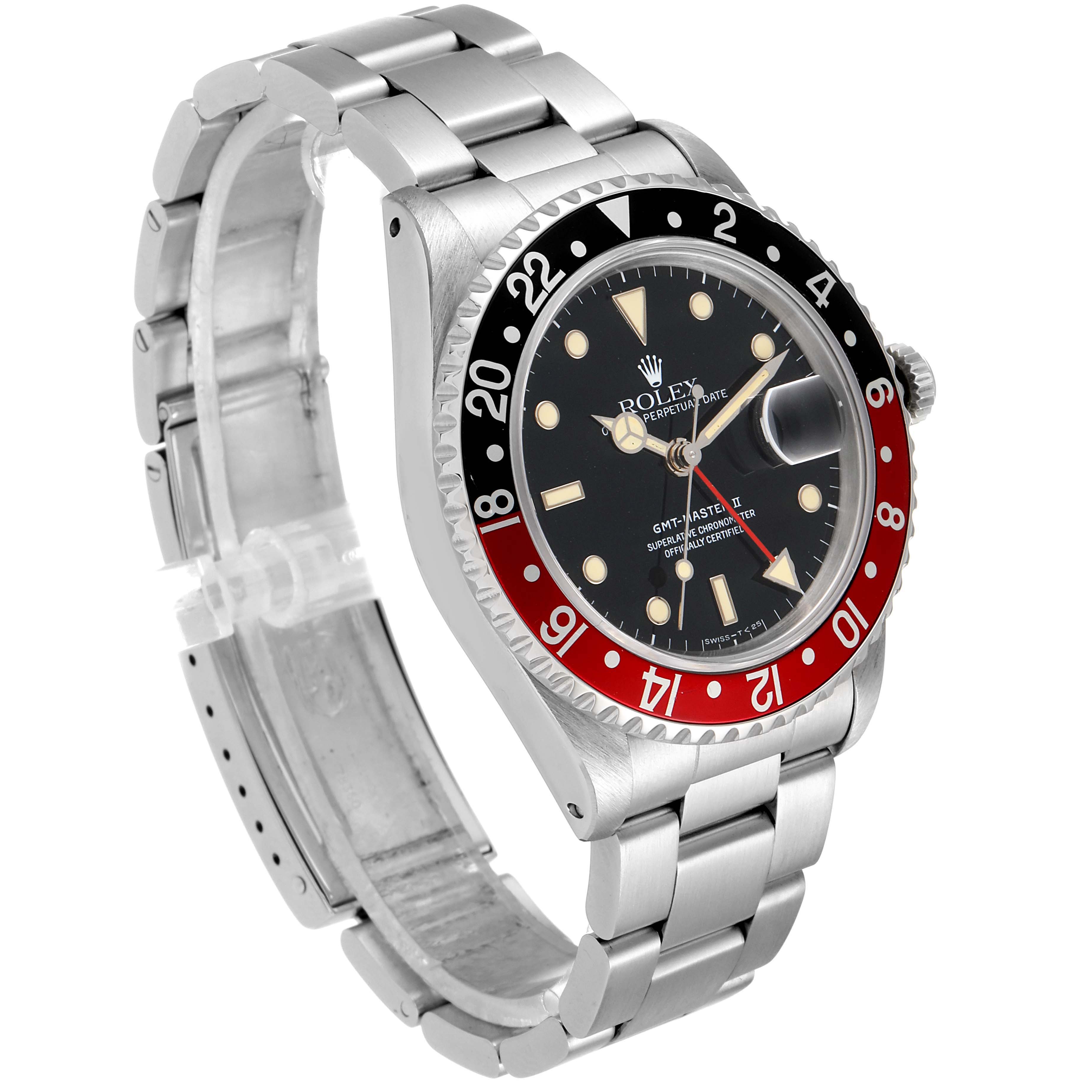 The image shows a Rolex GMT-Master 16710 Men's Stainless Steel Black Dial 16710 Men's Stainless Steel Black Dial watch angled from the top-left, featuring its bezel, dial, and part of the bracelet.