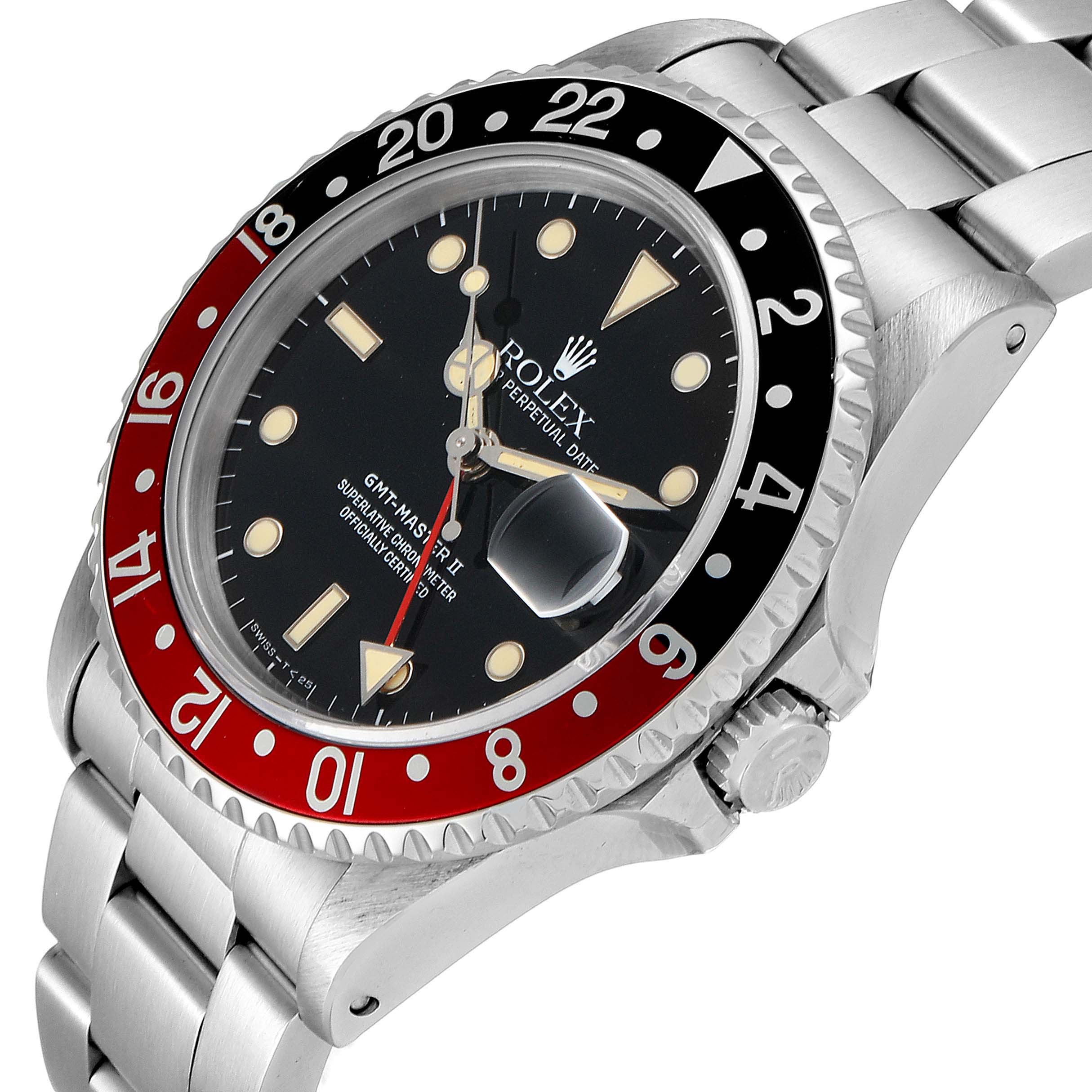 The image shows a Rolex GMT-Master 16710 Men's Stainless Steel Black Dial 16710 Men's Stainless Steel Black Dial II watch at an angled side view, highlighting the bezel, dial, and part of the bracelet.