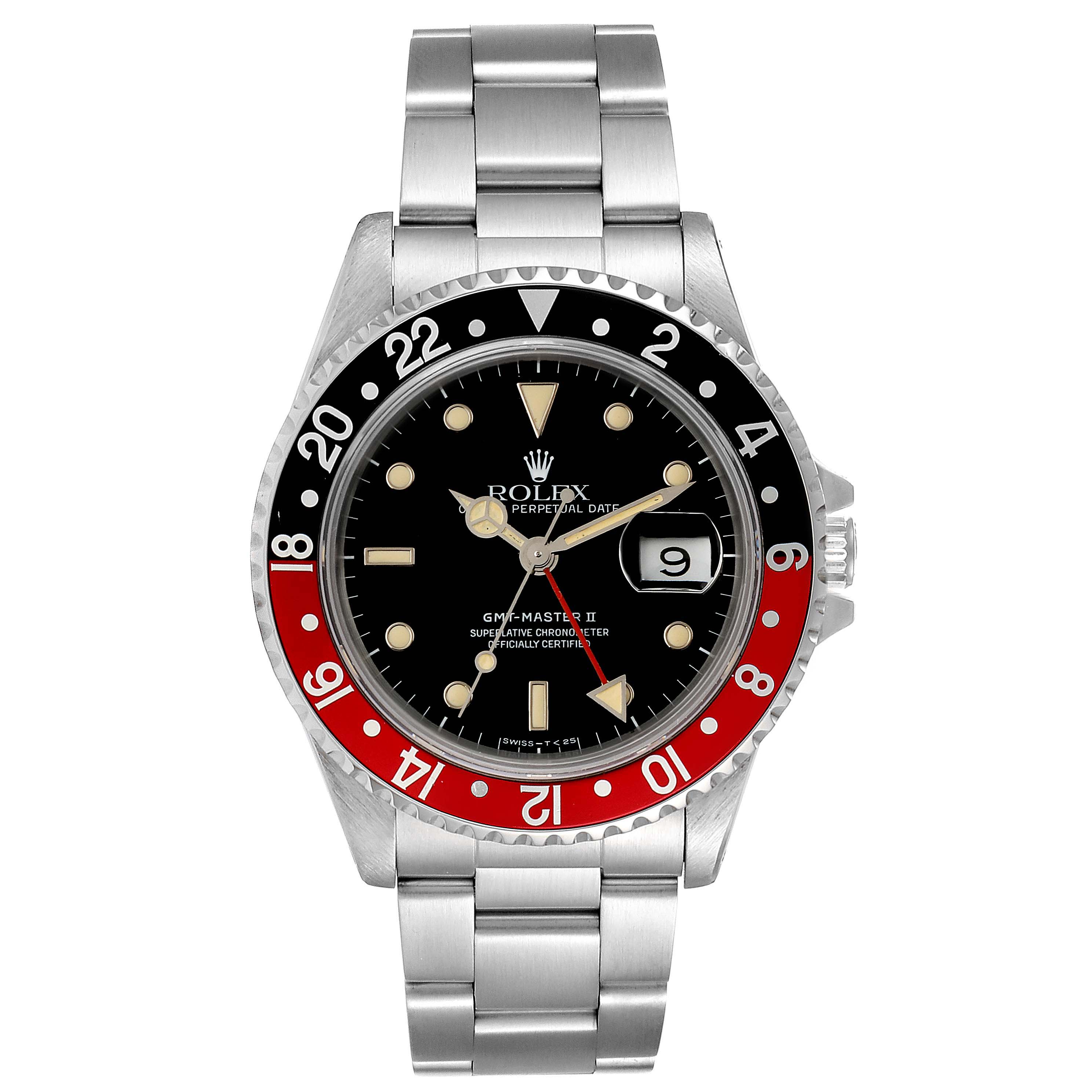 This image shows a front view of a Rolex GMT-Master 16710 Men's Stainless Steel Black Dial 16710 Men's Stainless Steel Black Dial II watch, highlighting the dial, bezel, and stainless steel bracelet.