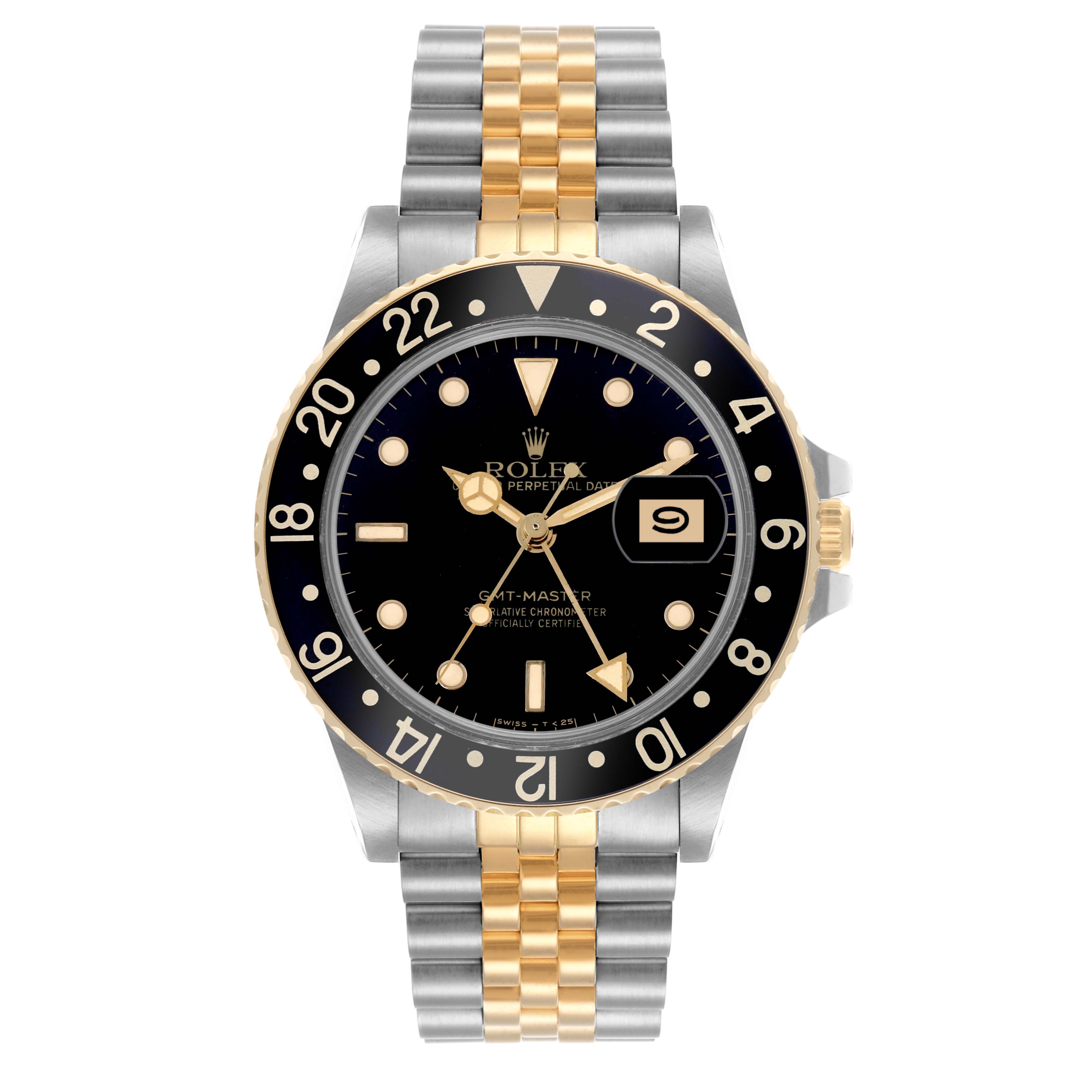 The Rolex GMT-Master 16753 Men's Steel and Gold (two tone) Black Dial 16753 Men's Steel and Gold (two tone) Black Dial watch is shown from a front angle, displaying its bezel, dial, and two-tone bracelet.