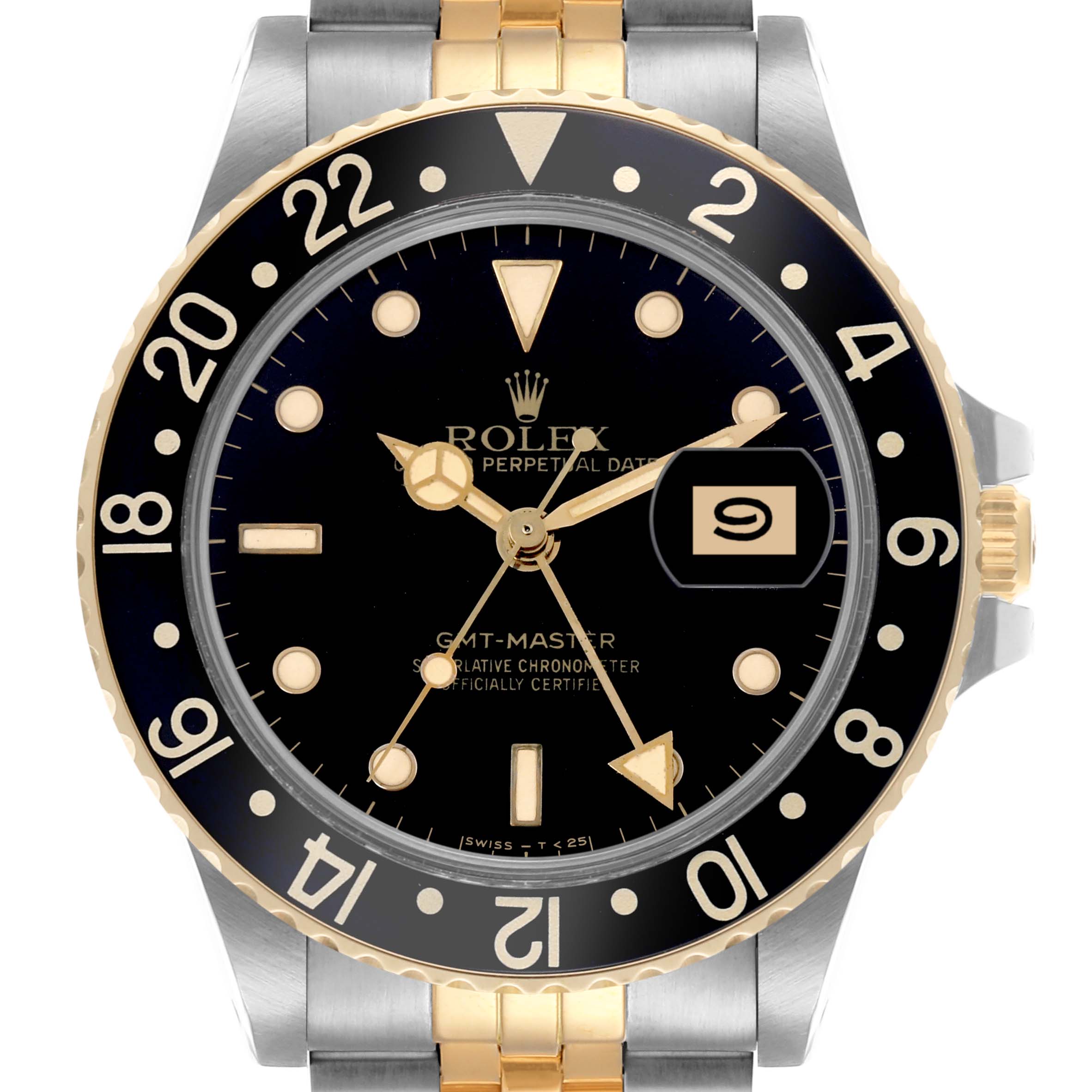 The Rolex GMT-Master 16753 Men's Steel and Gold (two tone) Black Dial 16753 Men's Steel and Gold (two tone) Black Dial watch is shown from the front, displaying its black dial, bezel, hands, and two-tone bracelet.