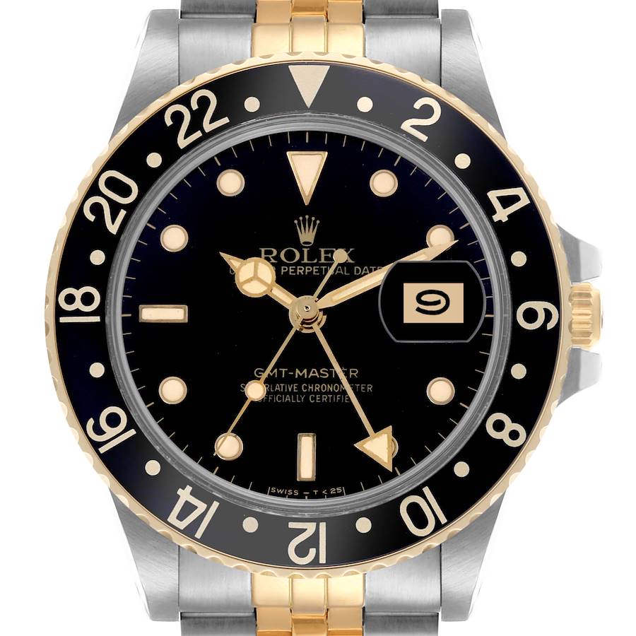 The Rolex GMT-Master watch is shown from the front, displaying its black dial, bezel, hands, and two-tone bracelet.