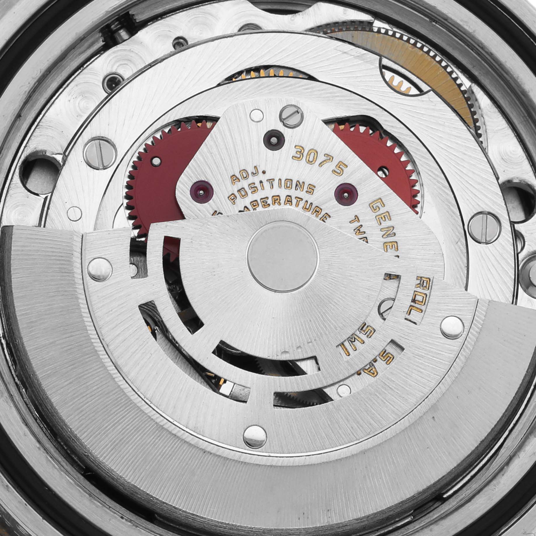 The image shows a close-up of the Rolex GMT-Master 16753 Men's Steel and Gold (two tone) Black Dial 16753 Men's Steel and Gold (two tone) Black Dial movement, highlighting intricate gears and rotor details.