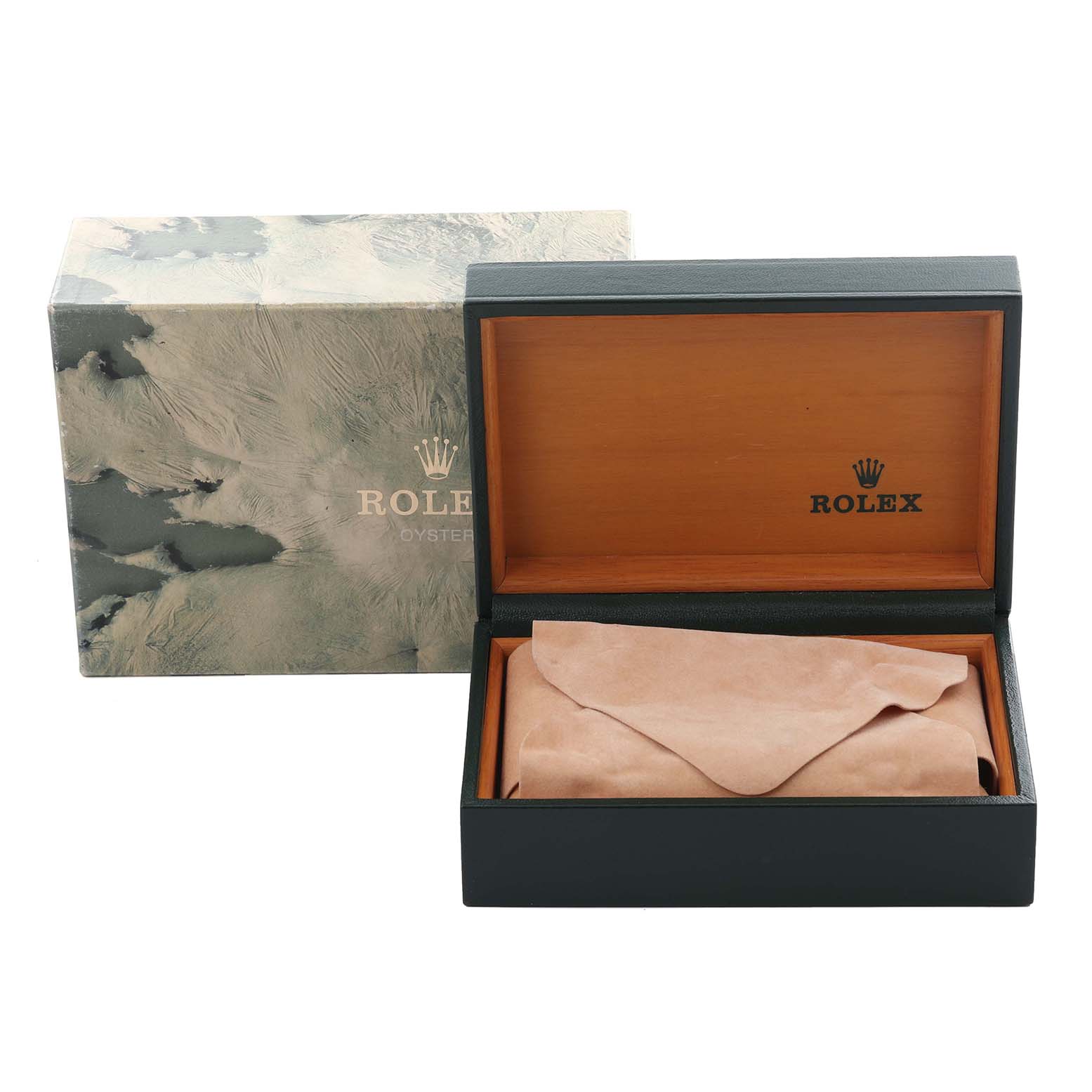 The image shows a Rolex GMT-Master 16753 Men's Steel and Gold (two tone) Black Dial 16753 Men's Steel and Gold (two tone) Black Dial watch box and outer sleeve, with the inner box partially open.