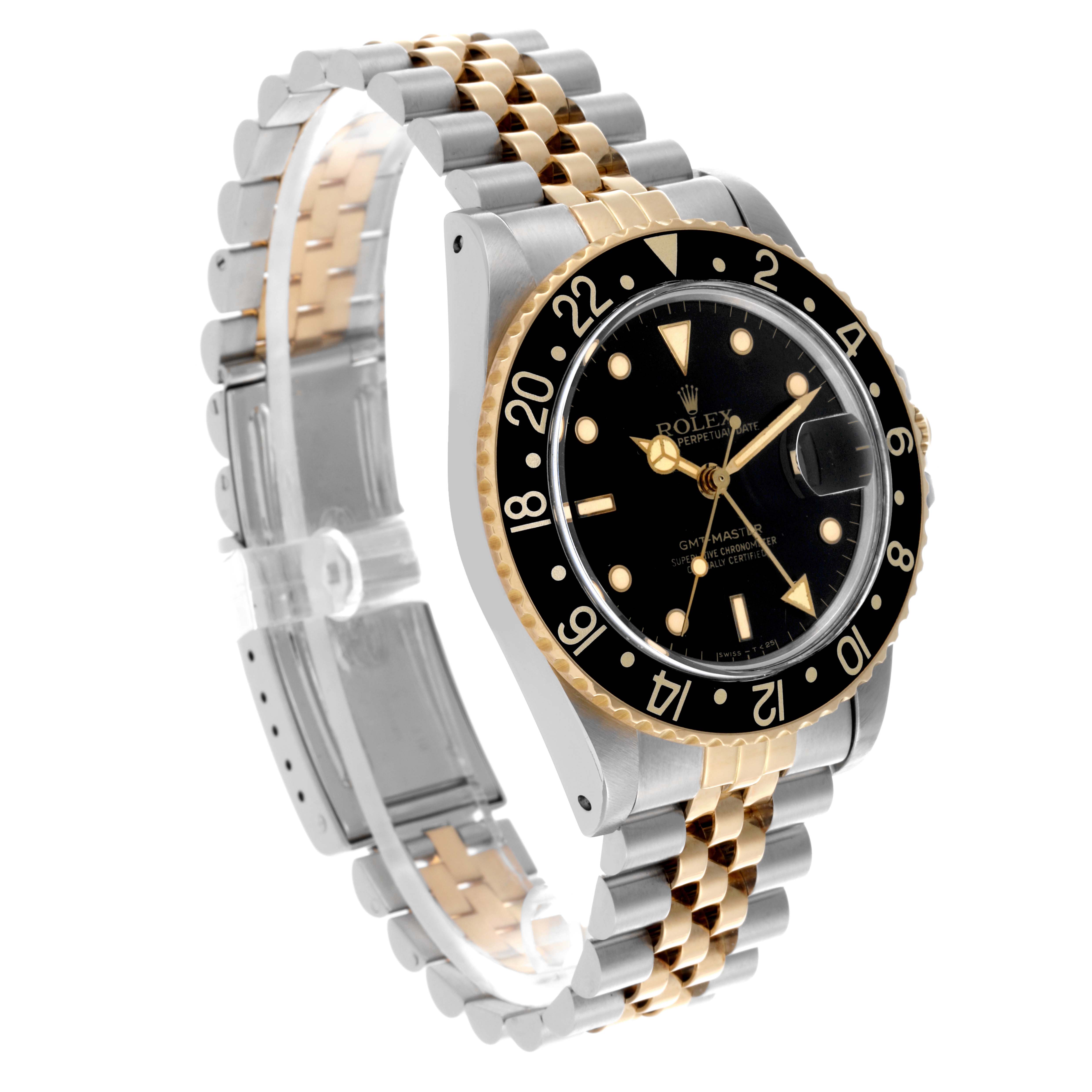 The Rolex GMT-Master 16753 Men's Steel and Gold (two tone) Black Dial 16753 Men's Steel and Gold (two tone) Black Dial watch is shown at a three-quarter angle, highlighting the bezel, dial, and two-tone bracelet.