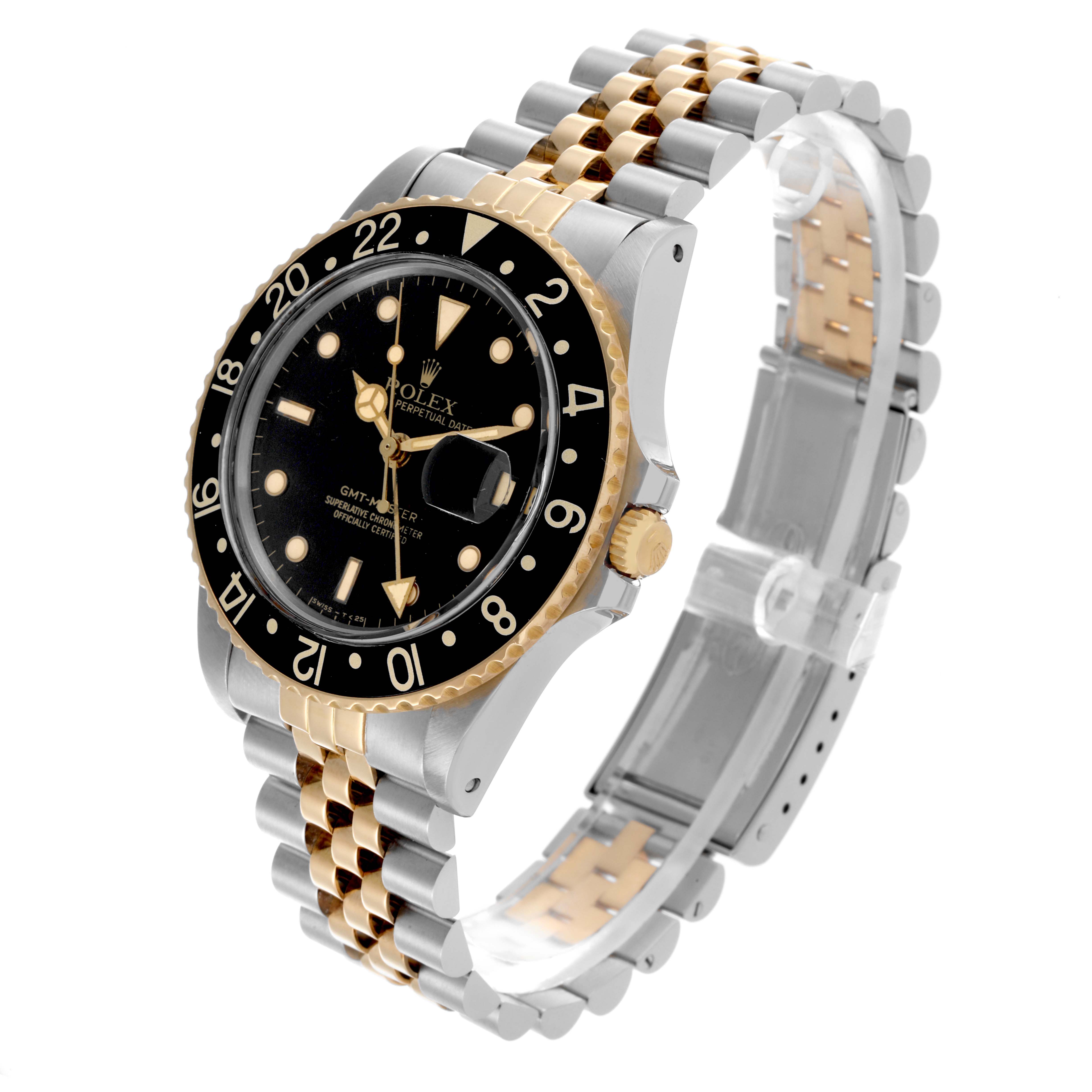 The Rolex GMT-Master 16753 Men's Steel and Gold (two tone) Black Dial 16753 Men's Steel and Gold (two tone) Black Dial watch is shown at a three-quarter angle, highlighting the dial, bezel, bracelet, and crown.