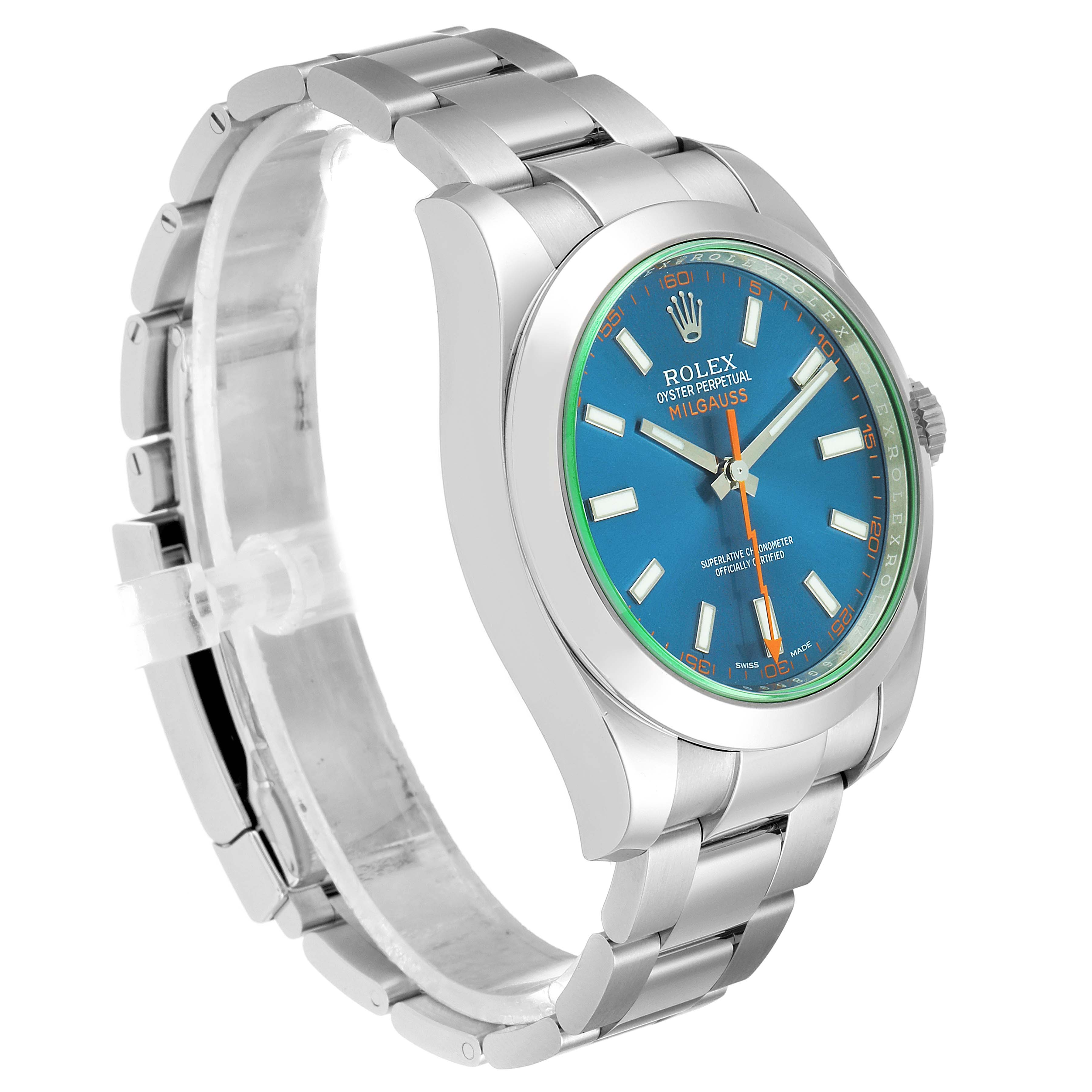 This image shows a Rolex Milgauss 116400GV Men's Stainless Steel Blue Dial 116400GV Men's Stainless Steel Blue Dial watch from a front-left angle, highlighting its dial, bezel, case, and bracelet.
