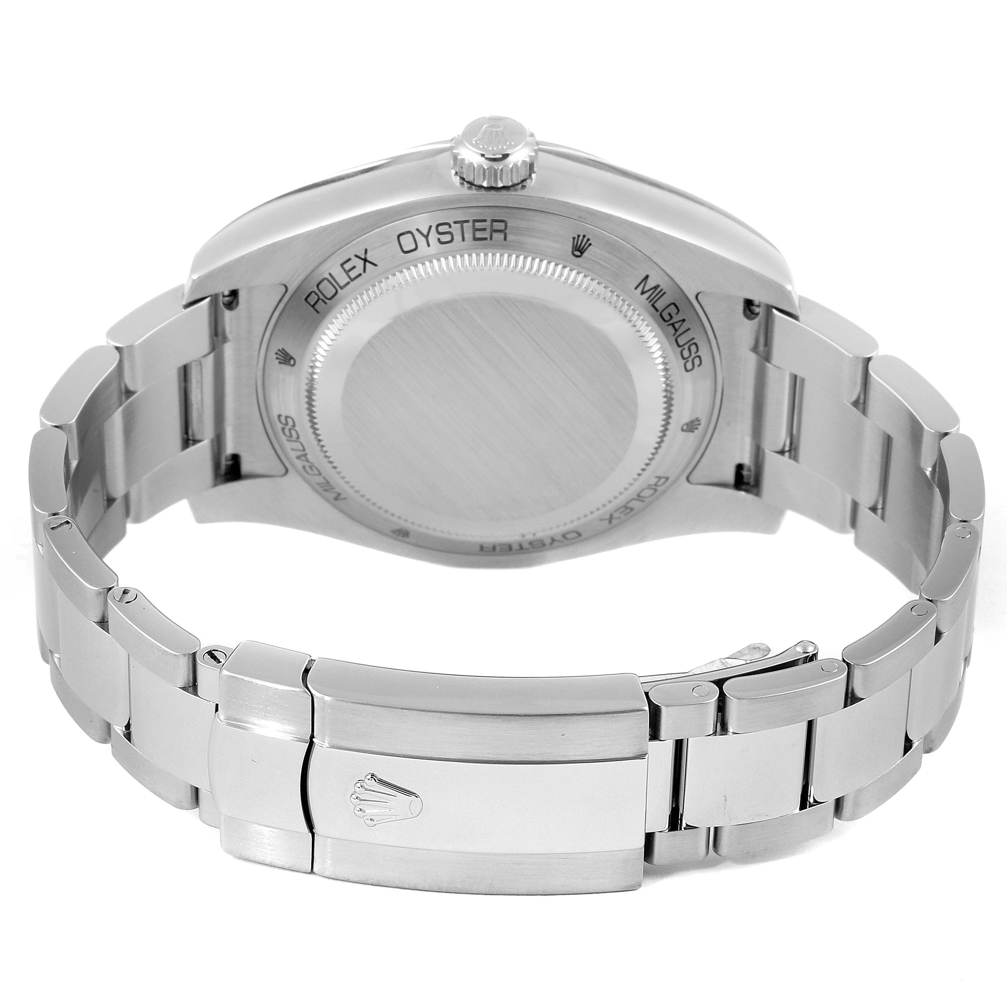 The image shows the back view of a Rolex Milgauss 116400GV Men's Stainless Steel Blue Dial 116400GV Men's Stainless Steel Blue Dial watch, highlighting the case back and stainless steel bracelet with clasp.