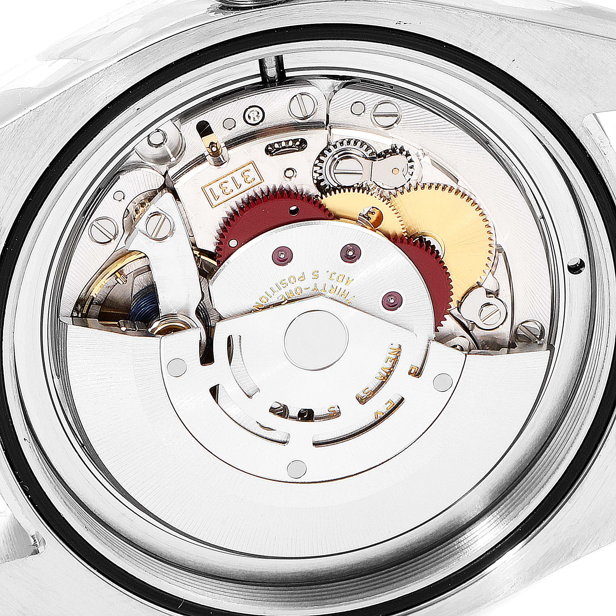 This is a close-up view of the internal mechanical movement of a Rolex Milgauss 116400GV Men's Stainless Steel Blue Dial 116400GV Men's Stainless Steel Blue Dial watch.