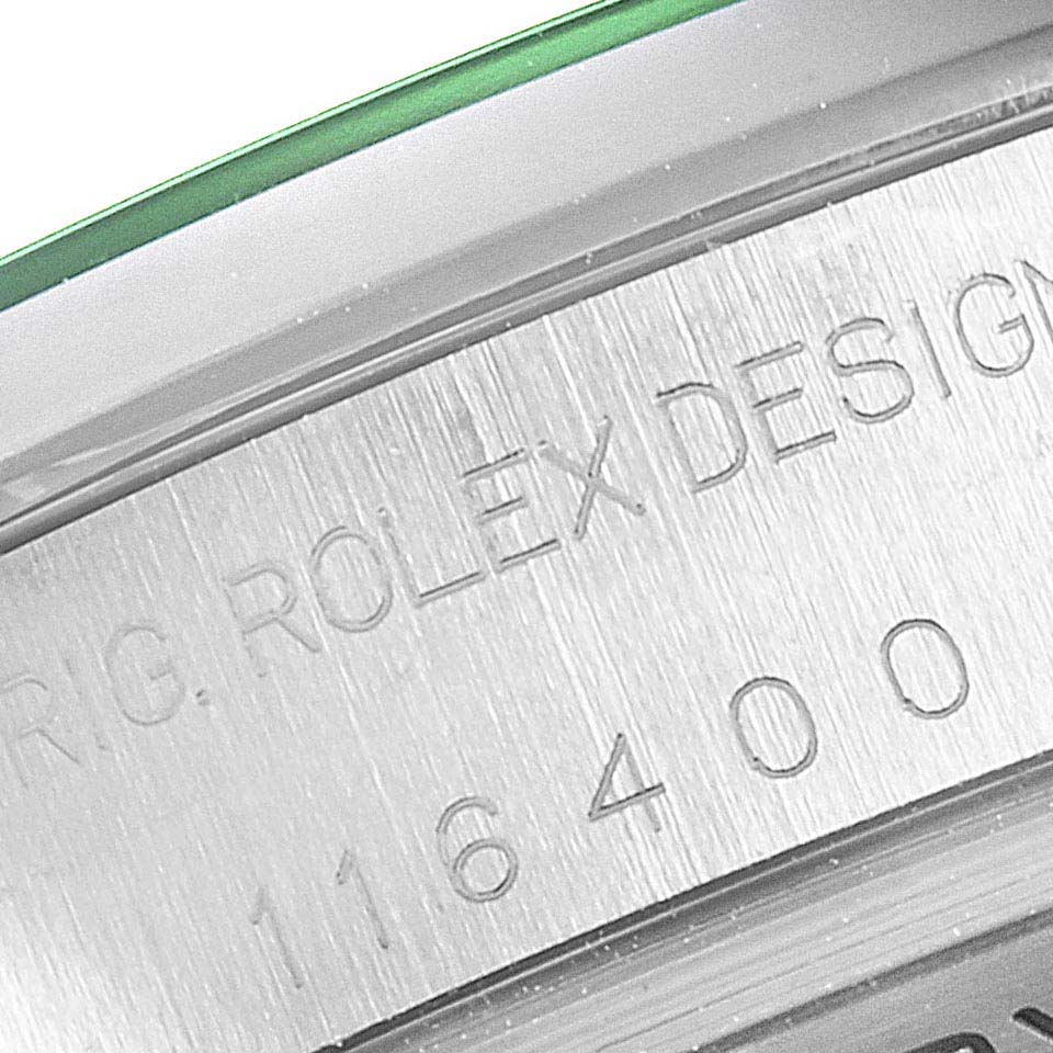 This image shows a close-up of the caseback's inner rim, displaying the engraving "ROLEX DESIGN" and part of the model number for the Rolex Milgauss 116400GV Men's Stainless Steel Blue Dial 116400GV Men's Stainless Steel Blue Dial.